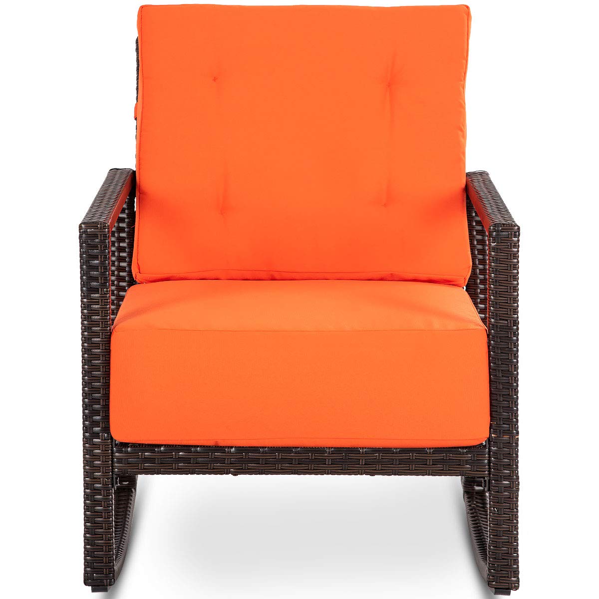 Tangkula Orange Rattan Rocking Chair - Outdoor Patio Rocker with Cushion, Weather-Resistant Wicker Armchair for Garden, Porch & Backyard Relaxation