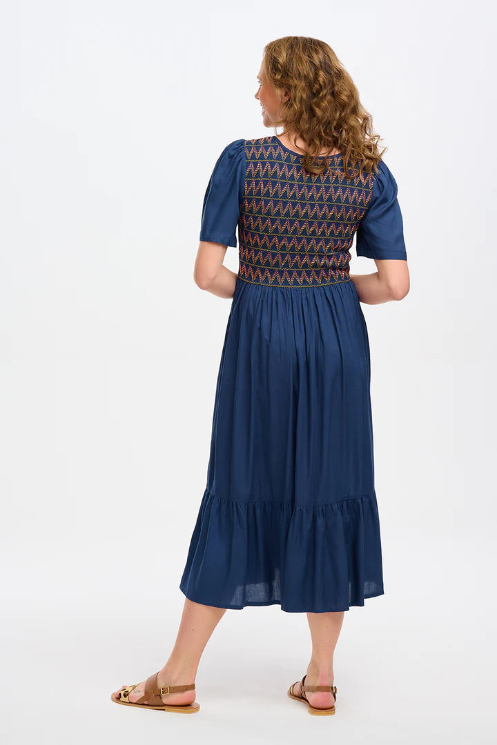 Brielle Midi Shirred Dress - Washed Navy Zigzag Shirring Flowy Summer Dress for Women | Beach Vacation, Date Night, Casual Outings