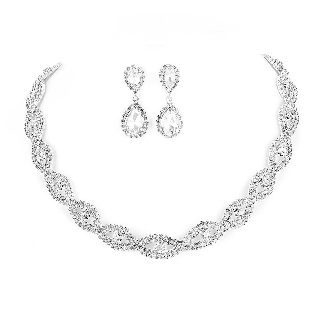 Fdesigner Wedding Jewelry Set - Rhinestone Bridal Choker Necklace & Crystal Tassel Dangle Earrings for Bride, Prom, Party | Women's Elegant Jewelry Collection for Weddings, Evening Events & Special Occasions
