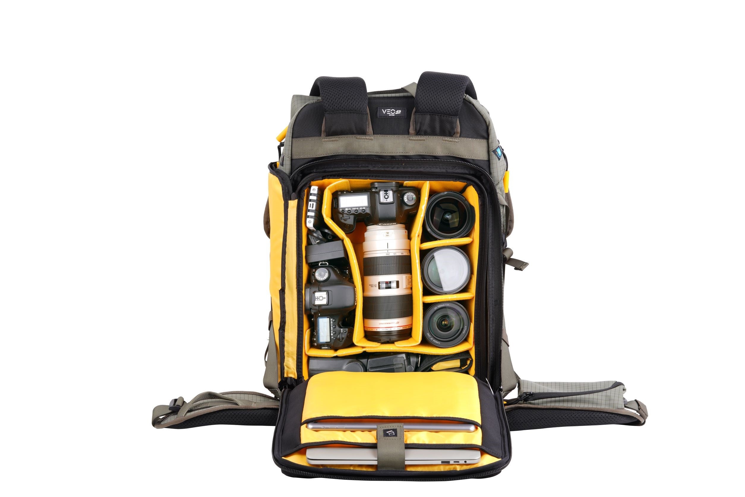 VEO Active 49 Khaki Green Camera Backpack with USB Charger Port - Waterproof DSLR Bag for Travel, Hiking & Photography Accessories Storage