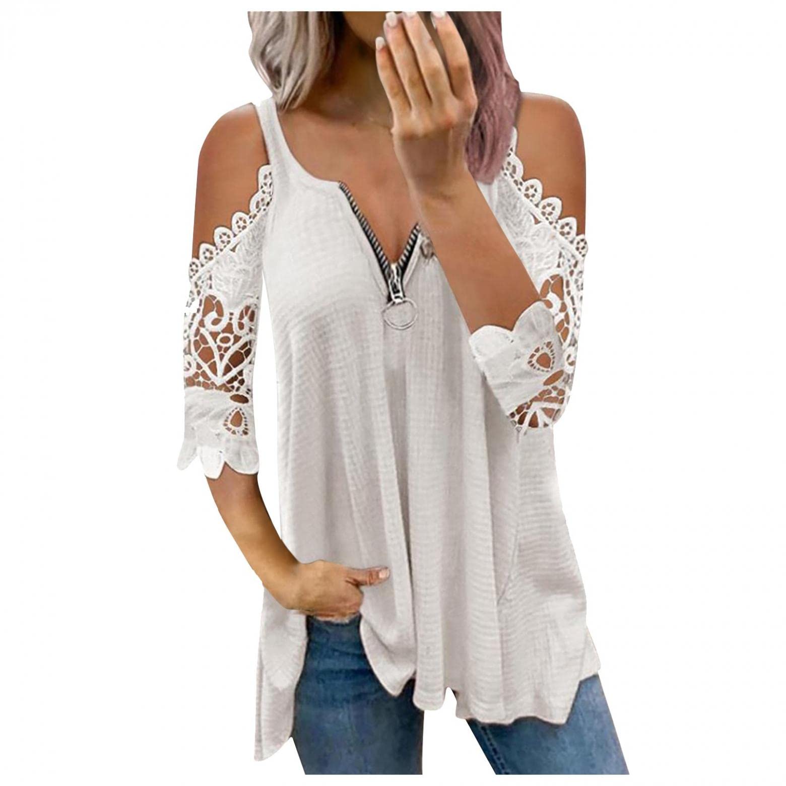 Women's Sexy Cold Shoulder Lace 3/4 Sleeve V-Neck Zipper T-Shirt - Summer & Spring Tunic Pullover Top in Plus Sizes | Perfect for Date Nights, Parties & Casual Outings