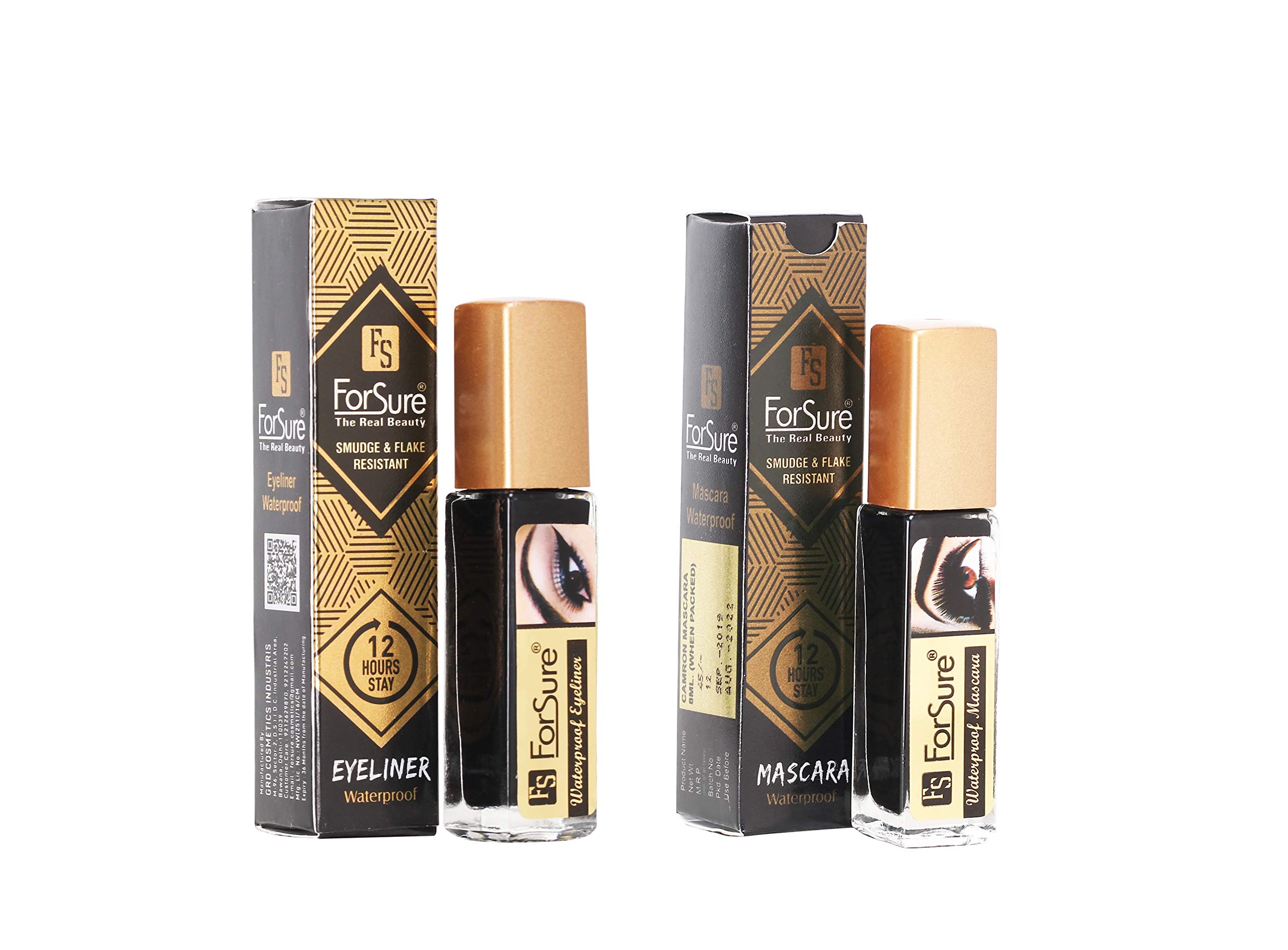 ForSure Waterproof Black Mascara & Eyeliner Combo Pack - Smudge Proof, Long Lasting (8ml Each) | Perfect for Swimming, Gym & All-Day Wear