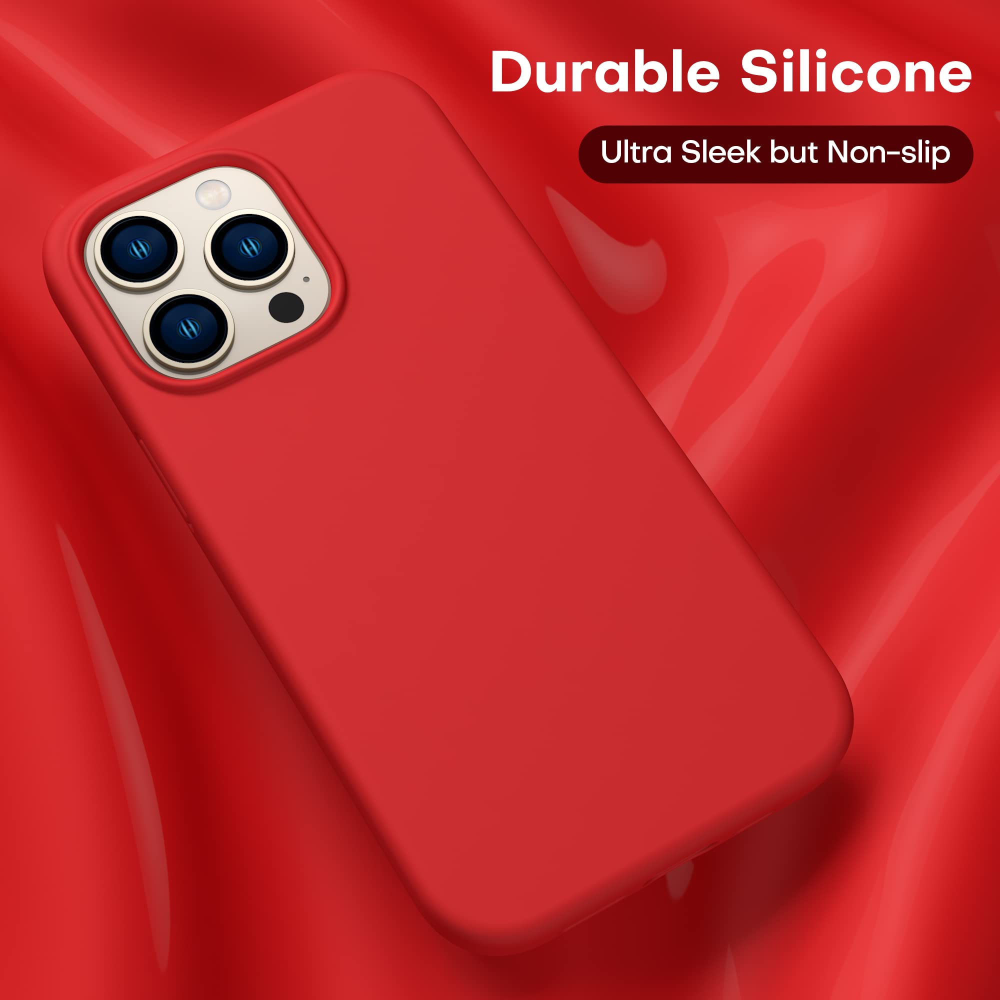 CellEver Heavy-Duty Silicone Case for iPhone 13 Pro Max with 2 Shatterproof Glass Screen Protectors - Military-Grade Drop Protection, Scratch-Free Interior (Bright Red) - Perfect for Outdoor Activities, Travel & Daily Protection