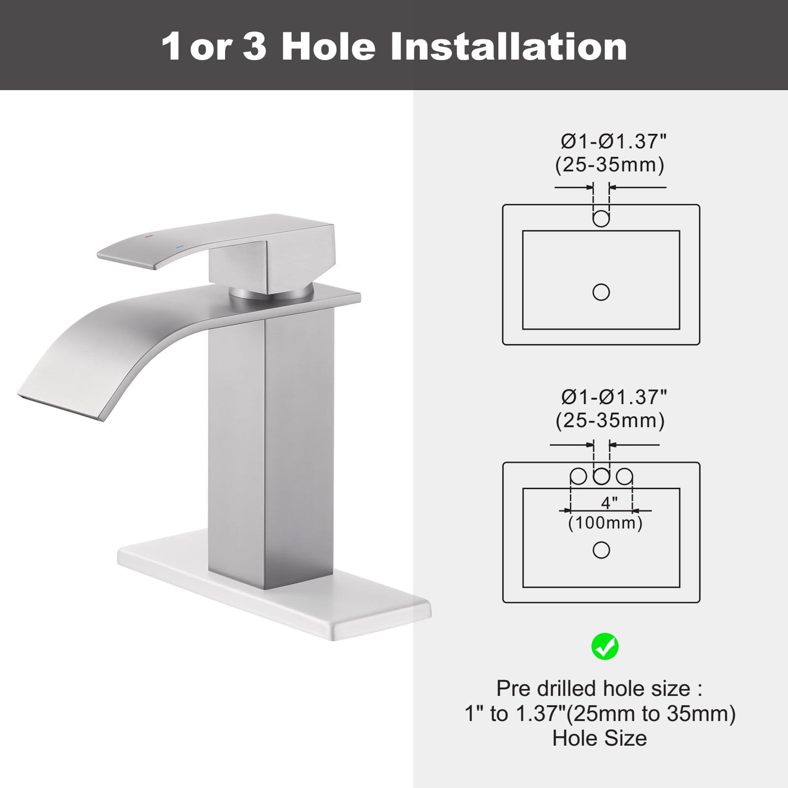ARCORA Brushed Nickel Waterfall Bathroom Faucet - Single Hole Sink Mixer for Modern Bathrooms
