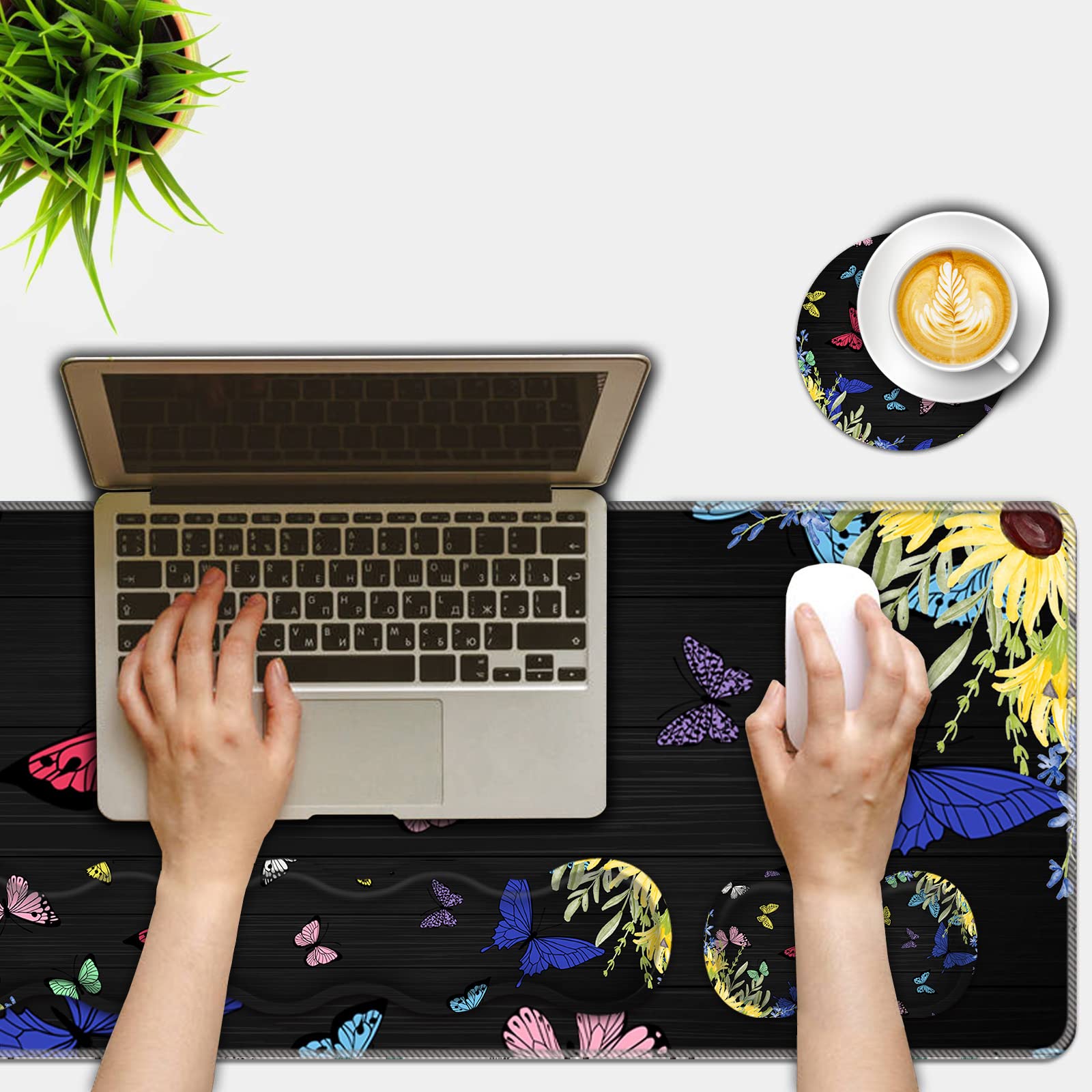 Large Mouse Pad Set with Wrist Rest - 31.5×11.8 Inch Desk Mat, Keyboard Wrist Support, Mouse Wrist Cushion & Coaster for Office & Home Computer Use - Sunflower Butterfly Design for PC, Laptop Workstation Accessories