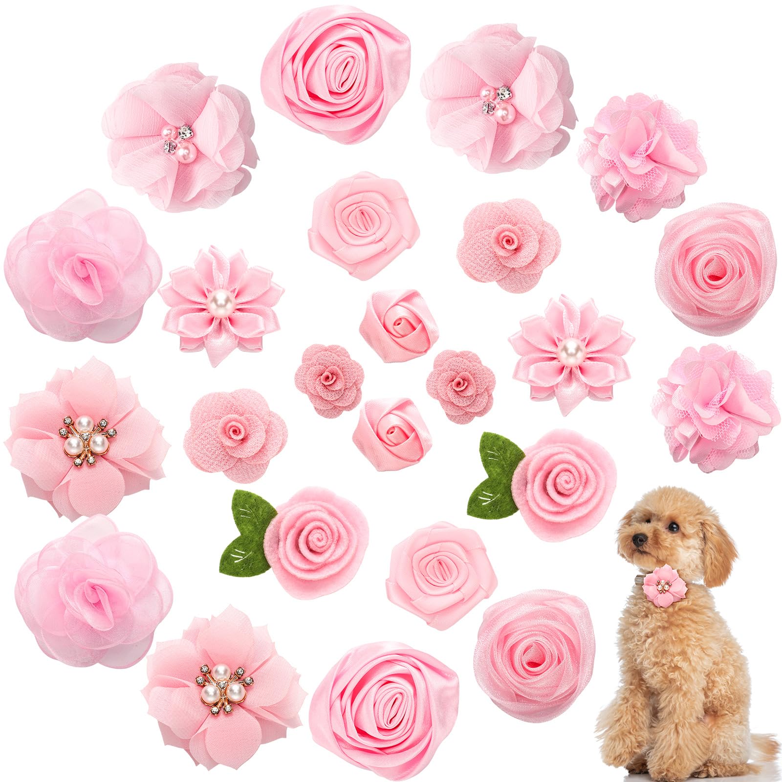 Tigeen 24 Pcs Dog Collar Flowers - Adjustable Pet Bandana Bows & Charms Accessories for Small Medium Dogs, Puppies & Cats | Perfect for Grooming, Pet Parties & Photo Shoots