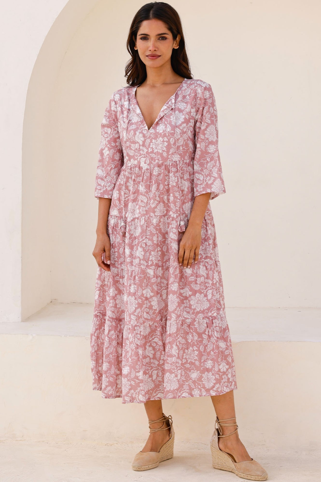 Emma Organic Cotton Dress - Blossom Dusty Pink & White | Flowy Summer Dress for Women | Perfect for Beach, Brunch & Casual Outings