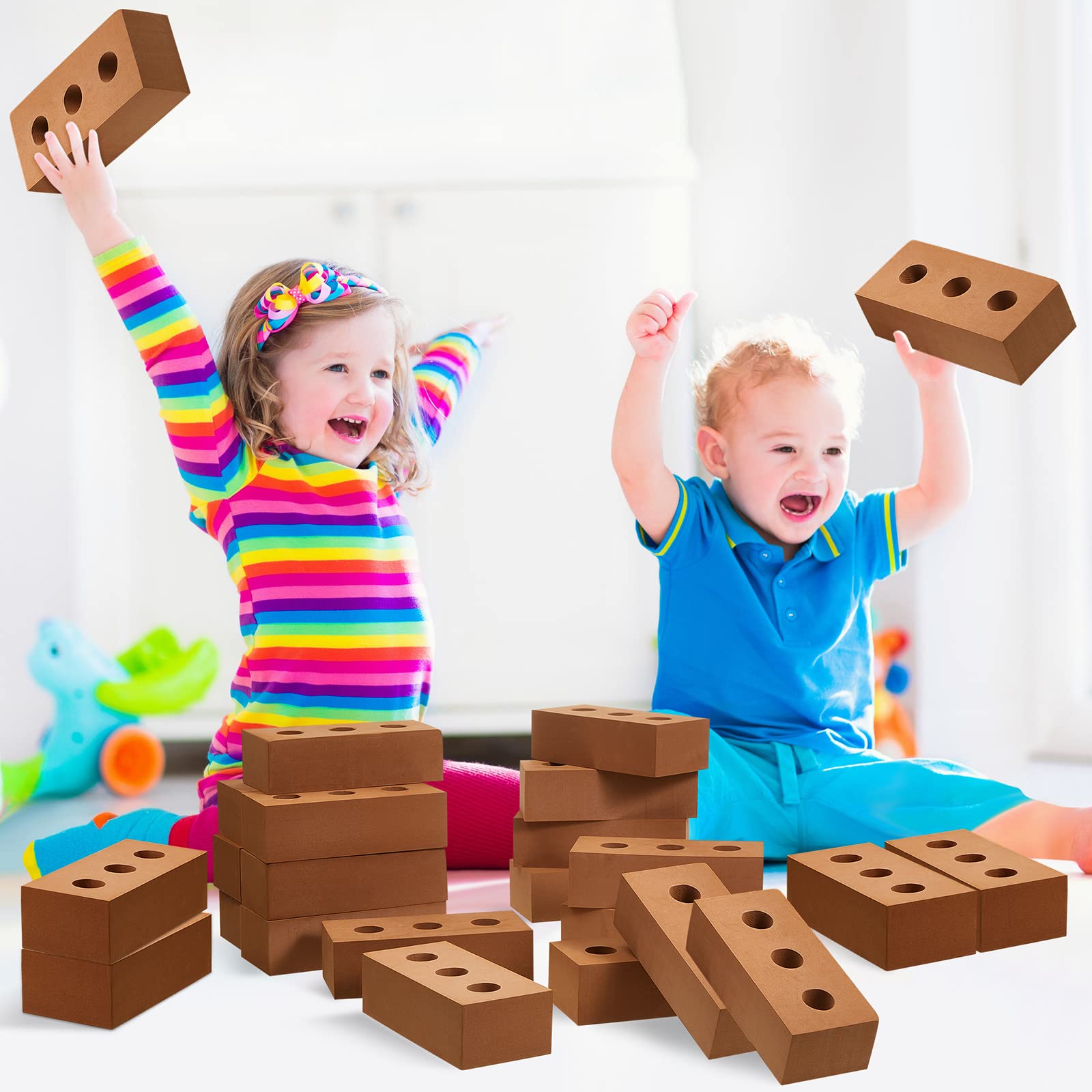 Deekin 30 Pcs Foam Brick Building Blocks for Kids - Large Thick Fake Bricks Construction Toy for Stacking, 8 x 4 x 2.4 Inches with Circle Holes - Perfect for Indoor/Outdoor Play, STEM Learning & Creative Building Activities