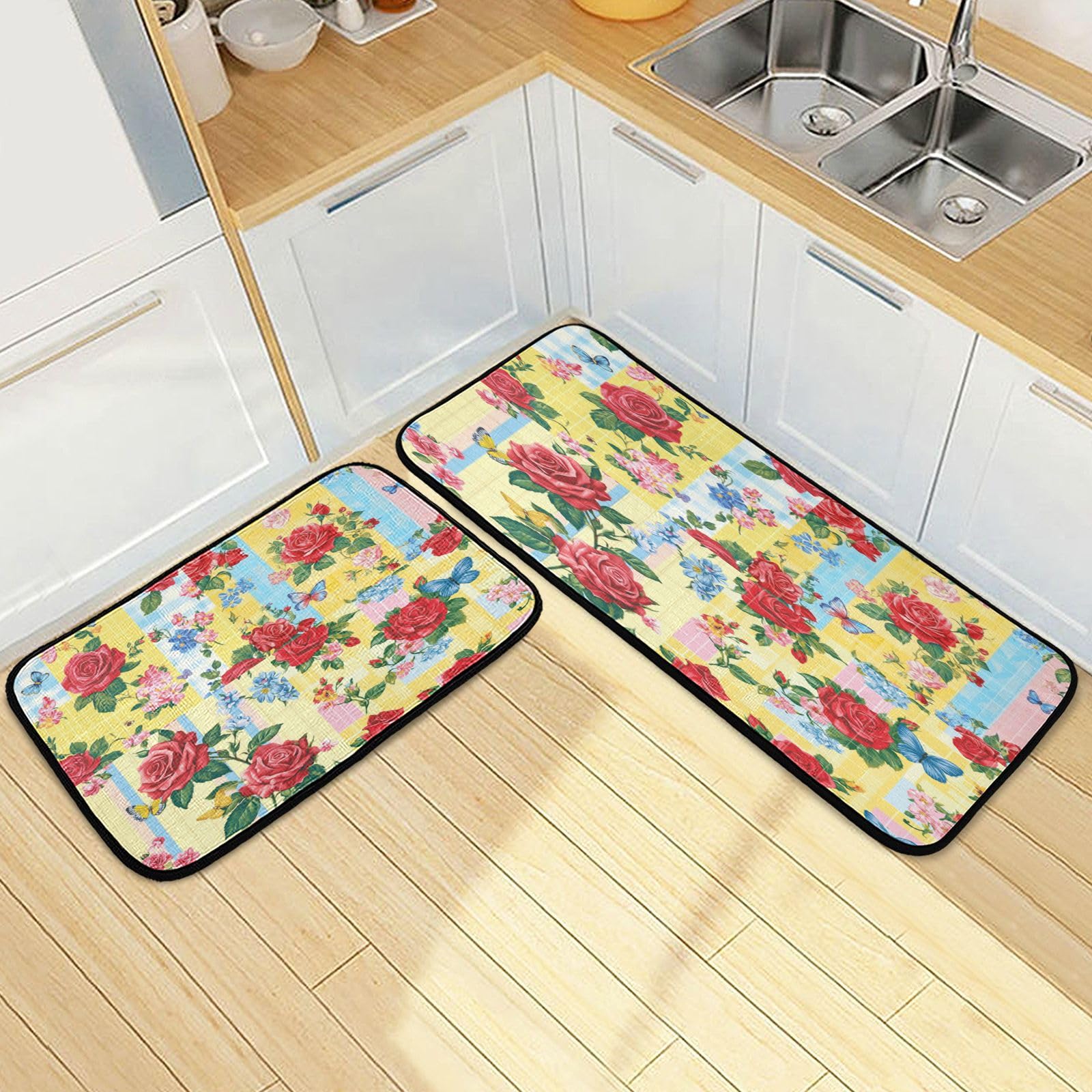 Non-Slip Rose Flower Butterfly Kitchen Rugs - Set of 2 Soft Floor Mats for Kitchen, Laundry Room & Entryway - Waterproof Doormats for Home Decor & Safety