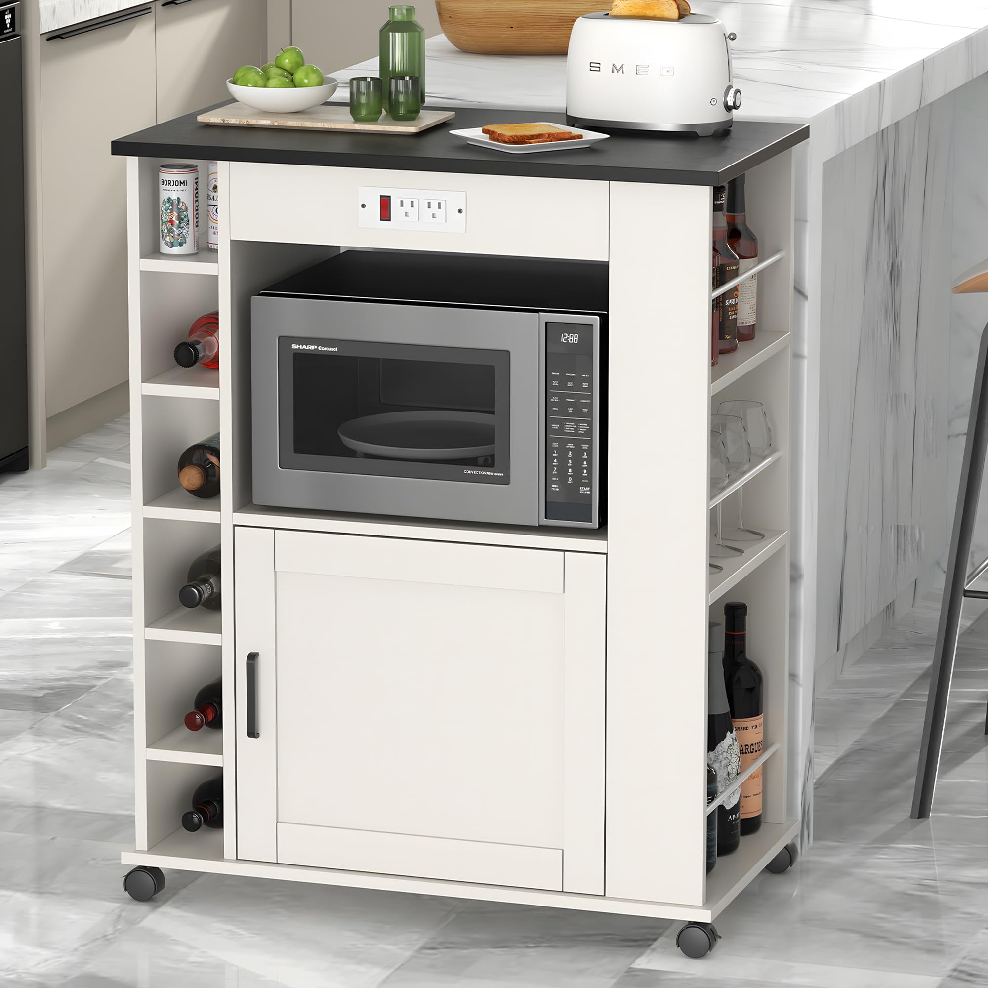 VECELO White Rolling Kitchen Island Cart with Large Storage, Microwave Stand, Open Shelves & Wine Rack - Mobile Bar Cabinet with Power Outlet for Dining Room, Living Room, Kitchen & Home Entertaining