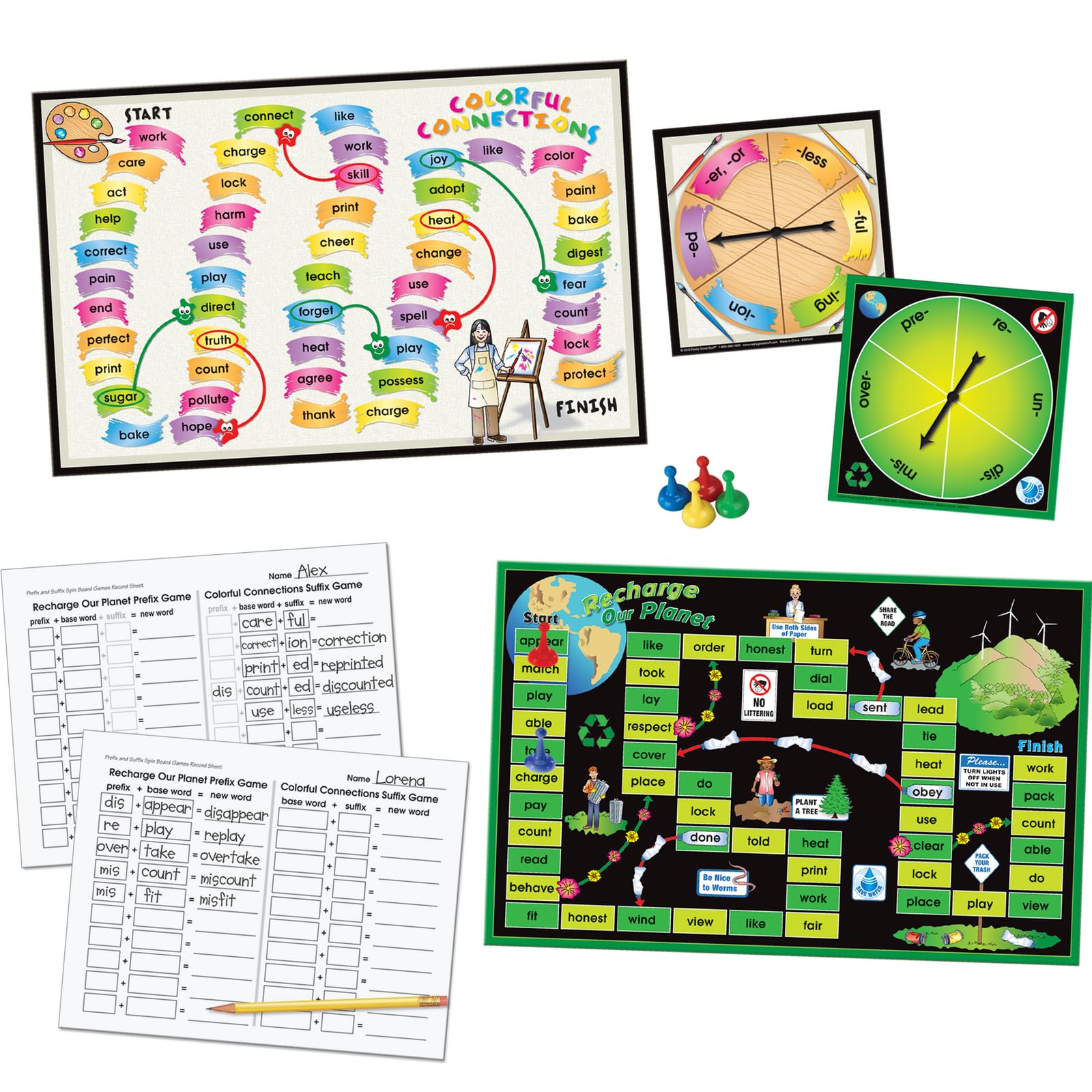 Prefix and Suffix Spin Board Games - 2 Educational Word Games for Kids | Classroom Learning & Homeschool Activities