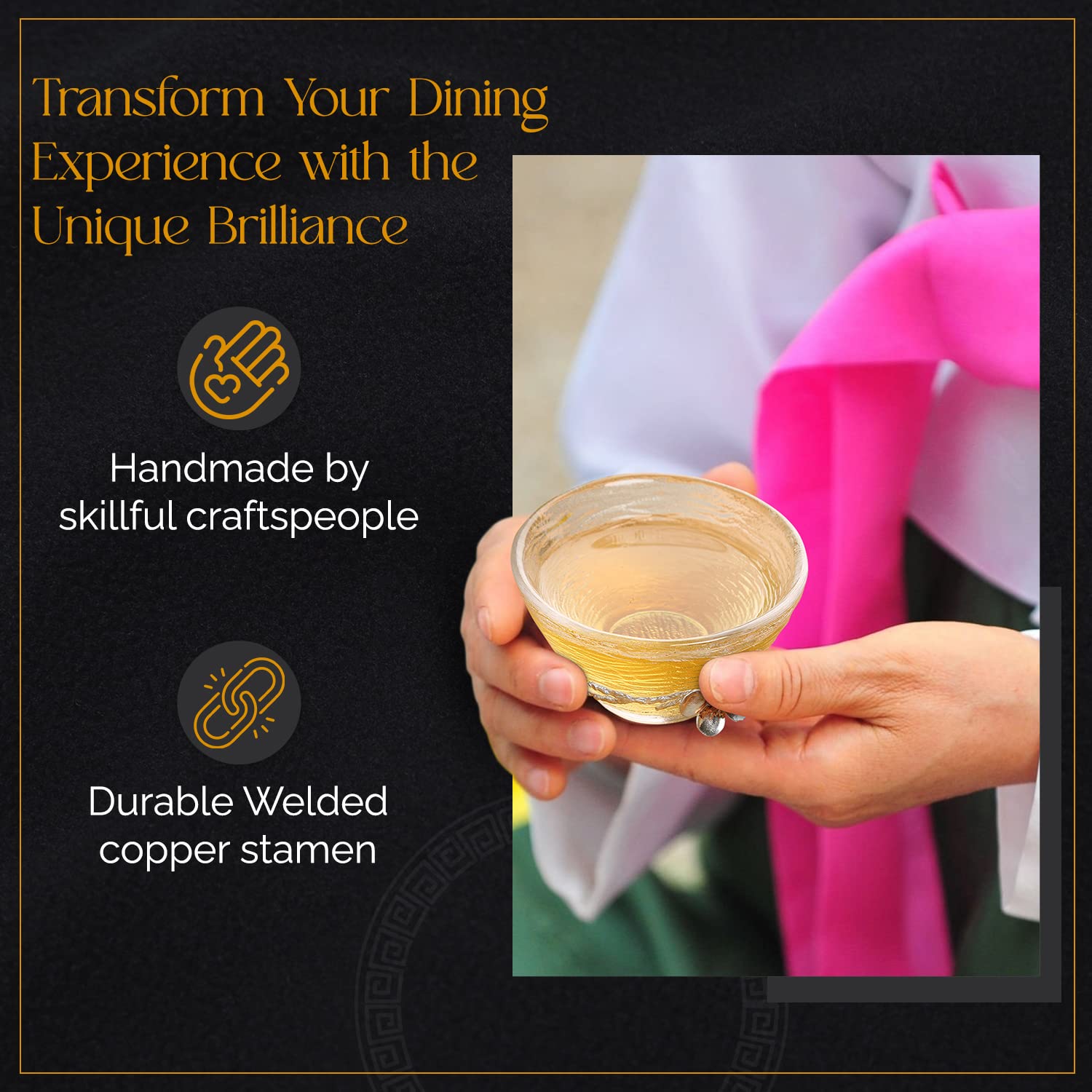Japanese Hammered Glass Tea Cups Set of 2 - Handcrafted Sake Cups with Tin & Copper Plum Blossom Design, 2.3 oz - Perfect for Tea Ceremonies, Japanese Dining & Gift Giving