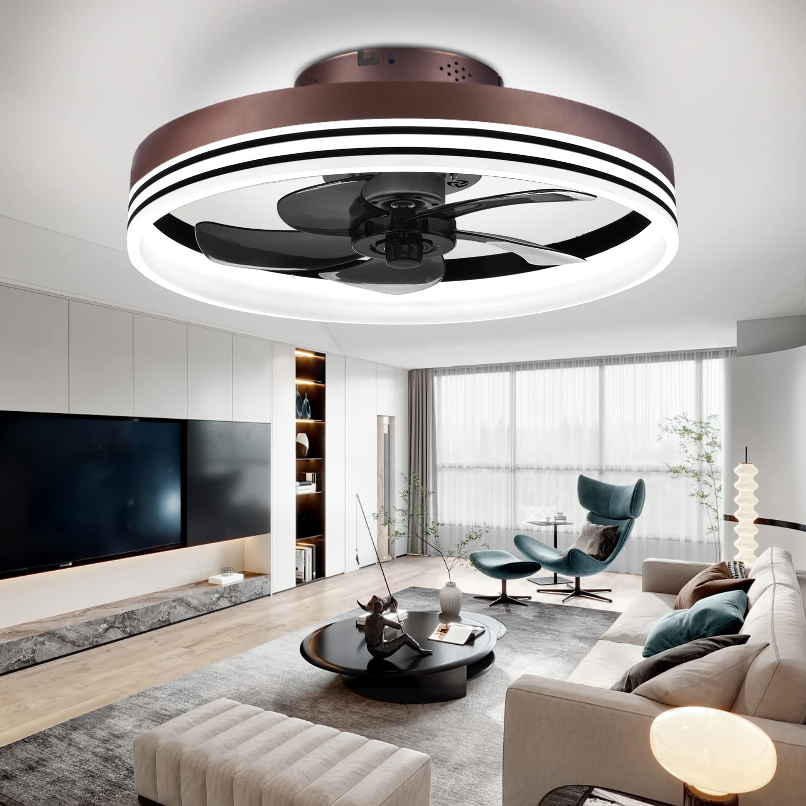 Low Profile Flush Mount Ceiling Fan with Remote Control - 3 Speed Settings & LED Light Kit - 19.7