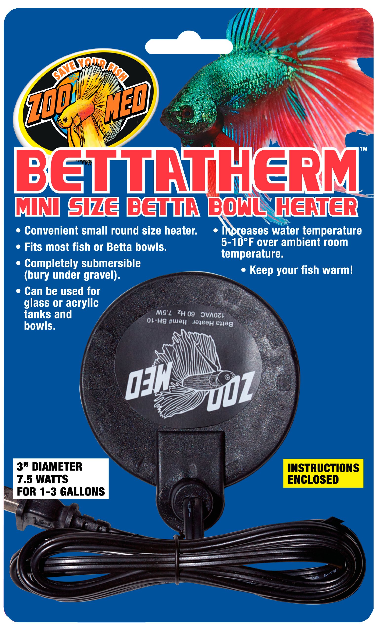 Zoo Med BettaTherm 7.5W Submersible Heater for Betta Fish Bowls & Small Aquariums - Perfect for Tropical Fish Tanks & Desktop Aquascaping