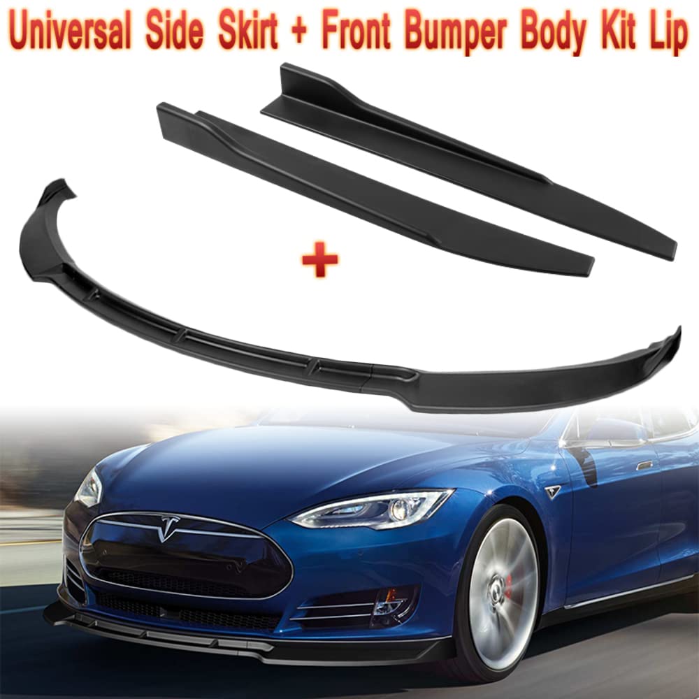 5PCS Front Bumper Lip & Side Skirt Rocker Winglet Canard Diffuser Wing Kit for 2012-2016 Tesla Model S - ABS Matte Black Front Lip Spoiler Air Chin Body Splitter - Enhance Aerodynamics & Sporty Look for Street Racing & Car Shows