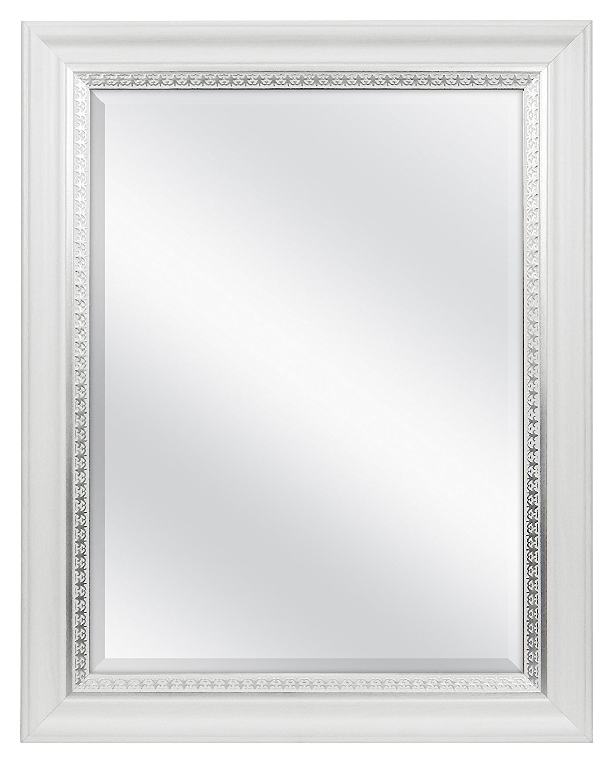 23x29 Inch Large Wall Mirror with White Woodgrain Frame - Silver Embossed & Beveled Edge Design - Vertical or Horizontal Hanging for Bathroom, Bedroom & Living Room Decor - Perfect for Vanity, Entryway & Home Staging
