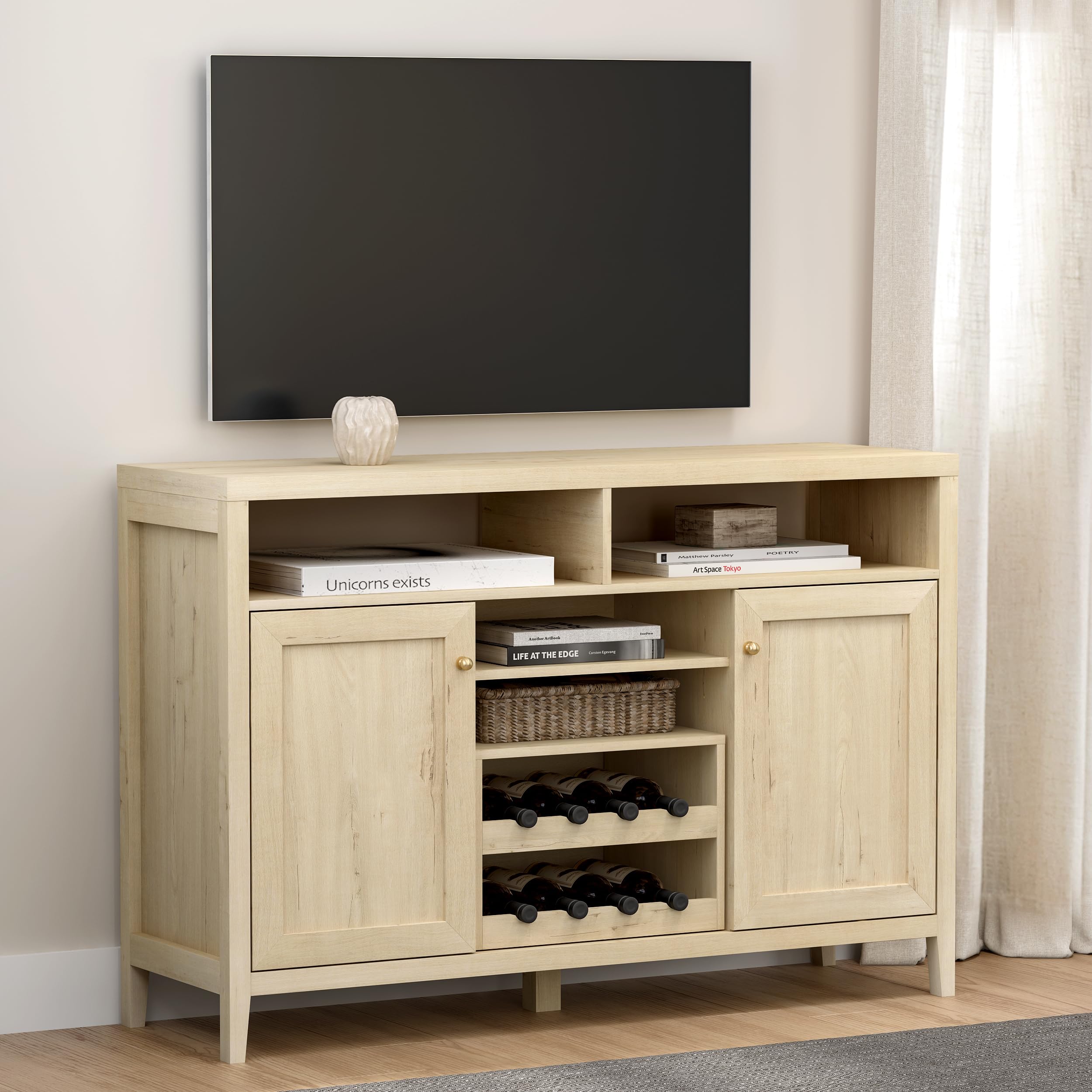 Farmhouse Wine Bar Cabinet with Doors - Light Oak Sideboard Buffet Storage for Liquor, Glassware & Dining Essentials | Perfect for Dining Room, Living Room & Home Bar Decor