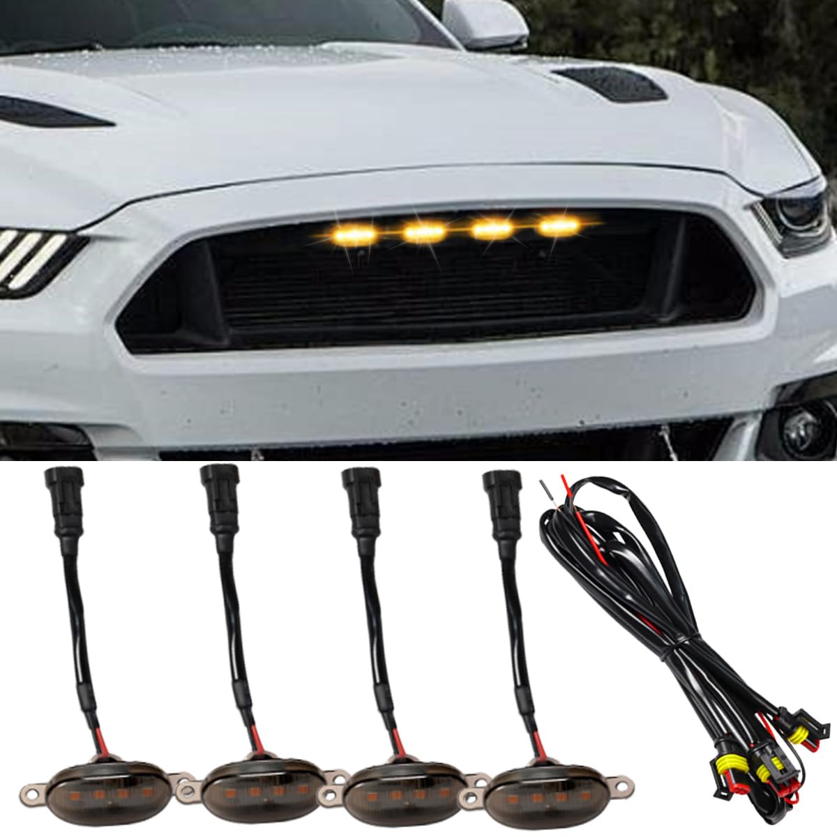 4PCS LED Grill Lights for F150 F250 F350 - Super Bright Yellow DRL Daytime Running Lights with Wiring Harness - Car Front Grill & Bumper Trim Accessories - Perfect for Off-Roading, Night Driving & Custom Car Styling