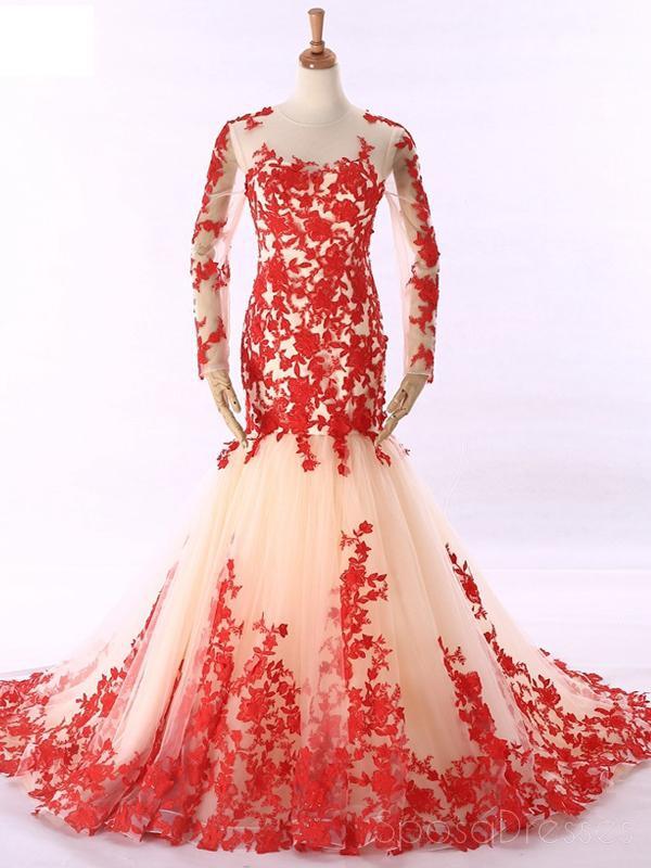 Elegant Long Sleeve Red Lace Mermaid Evening Gown - Custom Sweet 16 Prom Dress for Women | Perfect for Formal Dances, Quinceañeras & Special Occasions