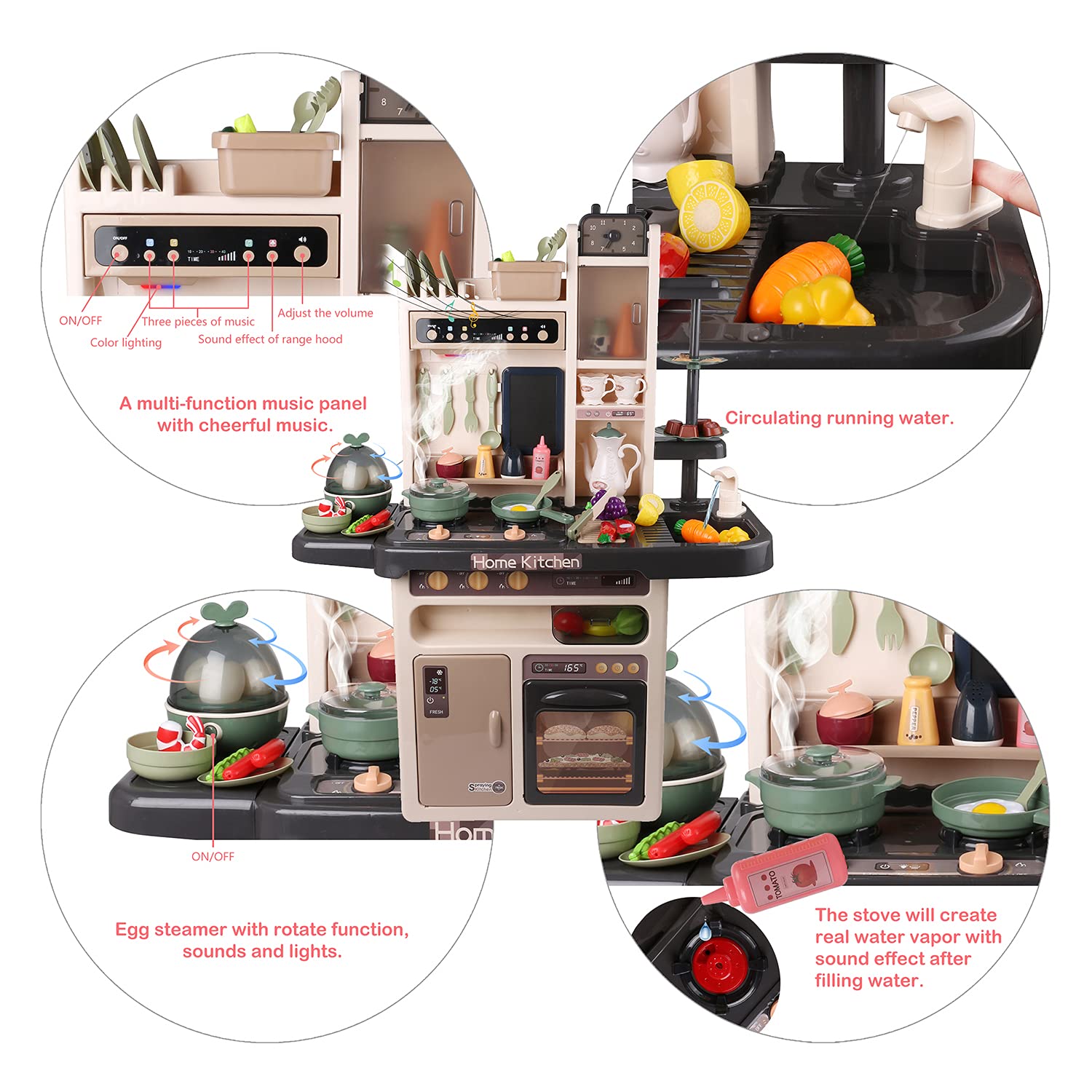 Interactive Kids Kitchen Playset with LED Lights, Realistic Sounds & Running Water - Pretend Play Sink with Cuttable Play Food - Perfect for Toddler Role Play & Early Learning at Home