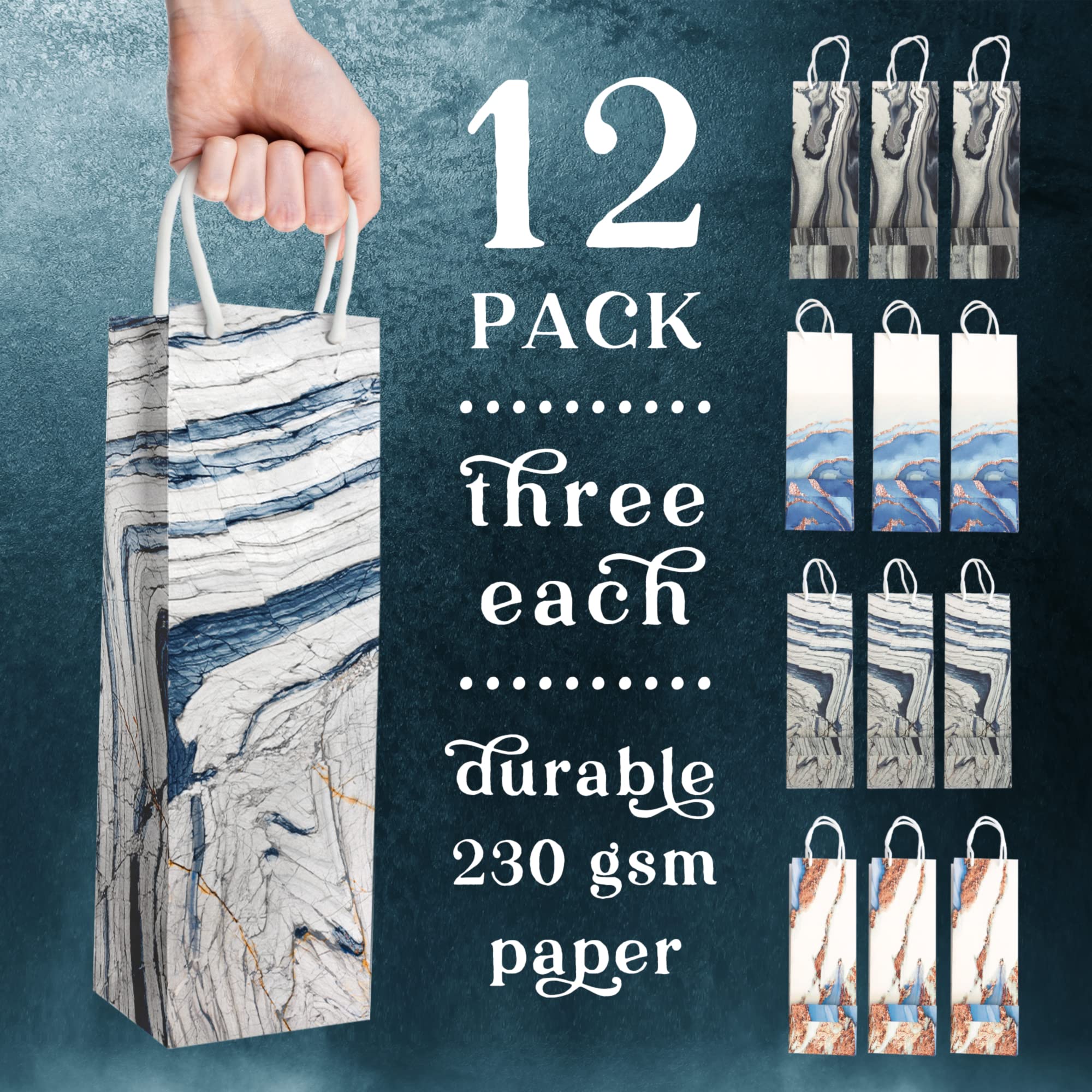 Luxury Marble Design Wine Bottle Gift Bags - Set of 12 Tall Elegant Wine Bags for Wedding, Anniversary & Holiday Gifting - Perfect for Champagne, Liquor & Wine Bottles