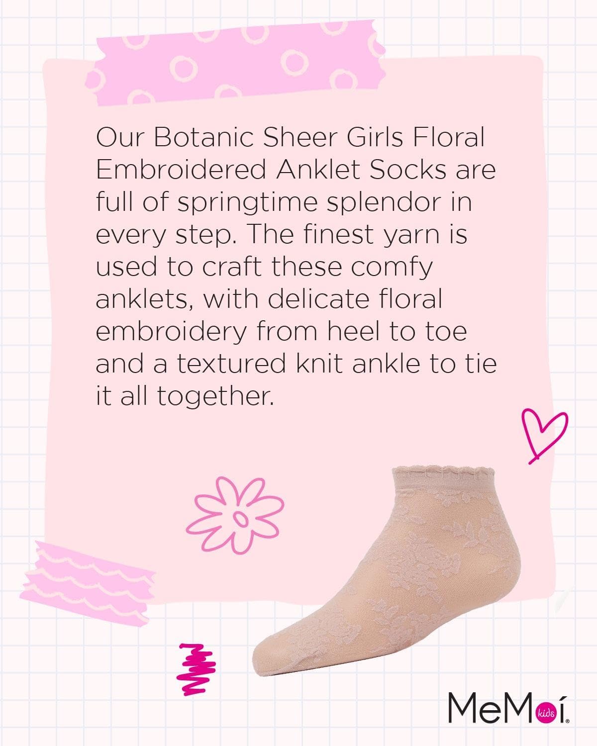 MeMoi Botanic Sheer Floral Embroidered Ankle Socks for Girls - Cute Spring & Summer Fashion Accessories for School, Party, and Everyday Wear