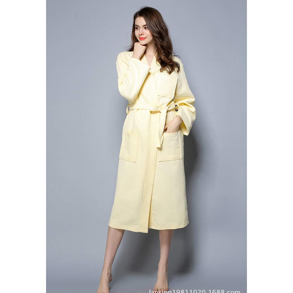Unisex Cotton Waffle Bathrobe for Couples - Long Kimono Robe with Solid Color for Hotel, Spa & Sauna - Soft Loungewear & Home Relaxation - Yellow XL