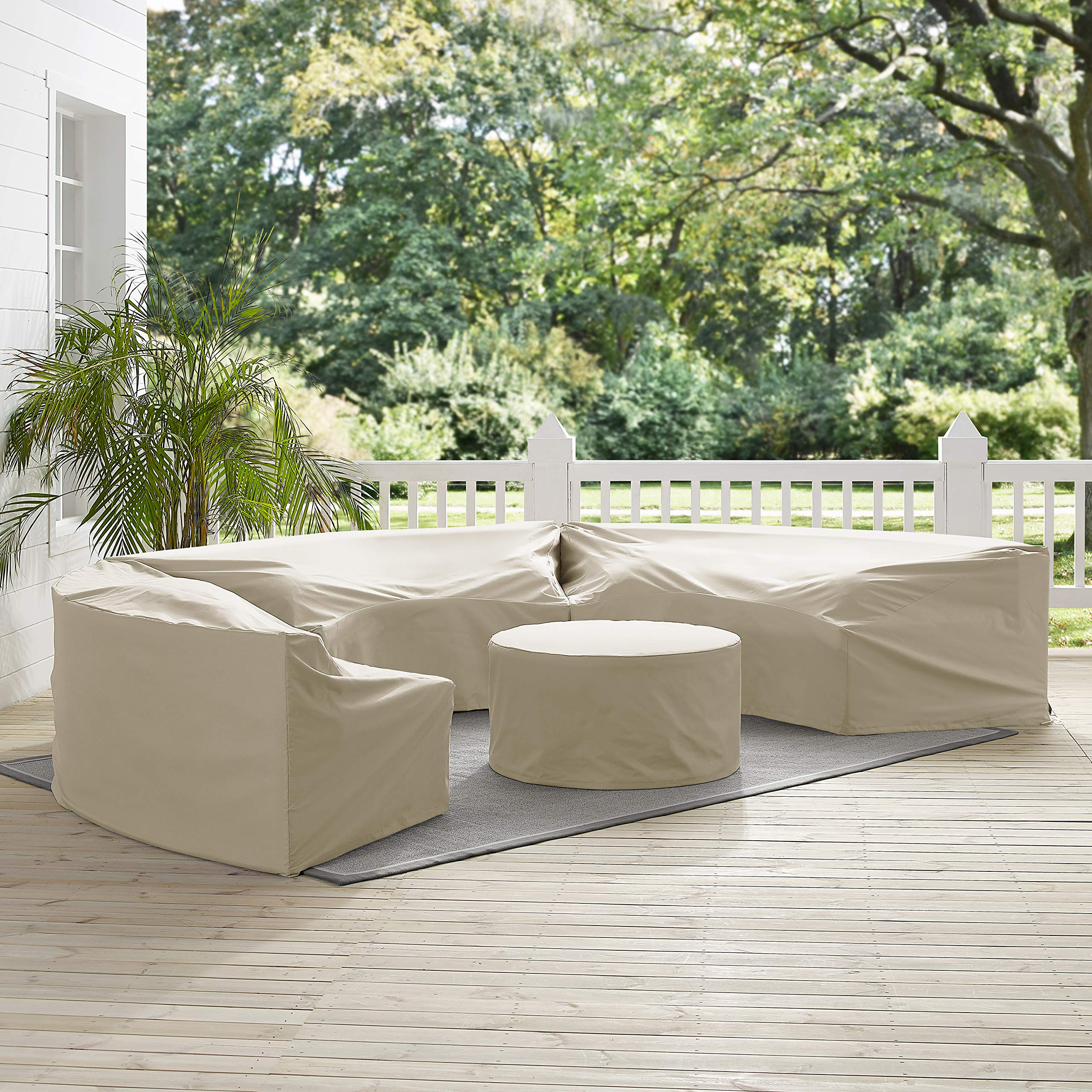 Crosley Waterproof 4-Piece Outdoor Patio Furniture Cover Set for Round Sectional Sofa - Tan - All-Weather Protection for Deck, Garden & Backyard