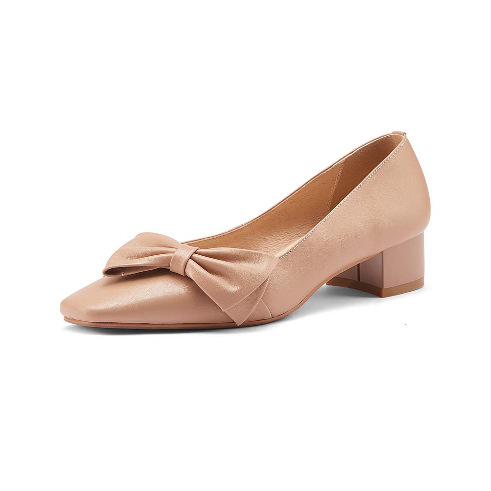 TinaCus Women's Genuine Leather Handmade Square Toe Loafers - Comfortable Low Chunky Heel Slip-On Pumps with Cute Bow Detail for Office & Business Casual Wear