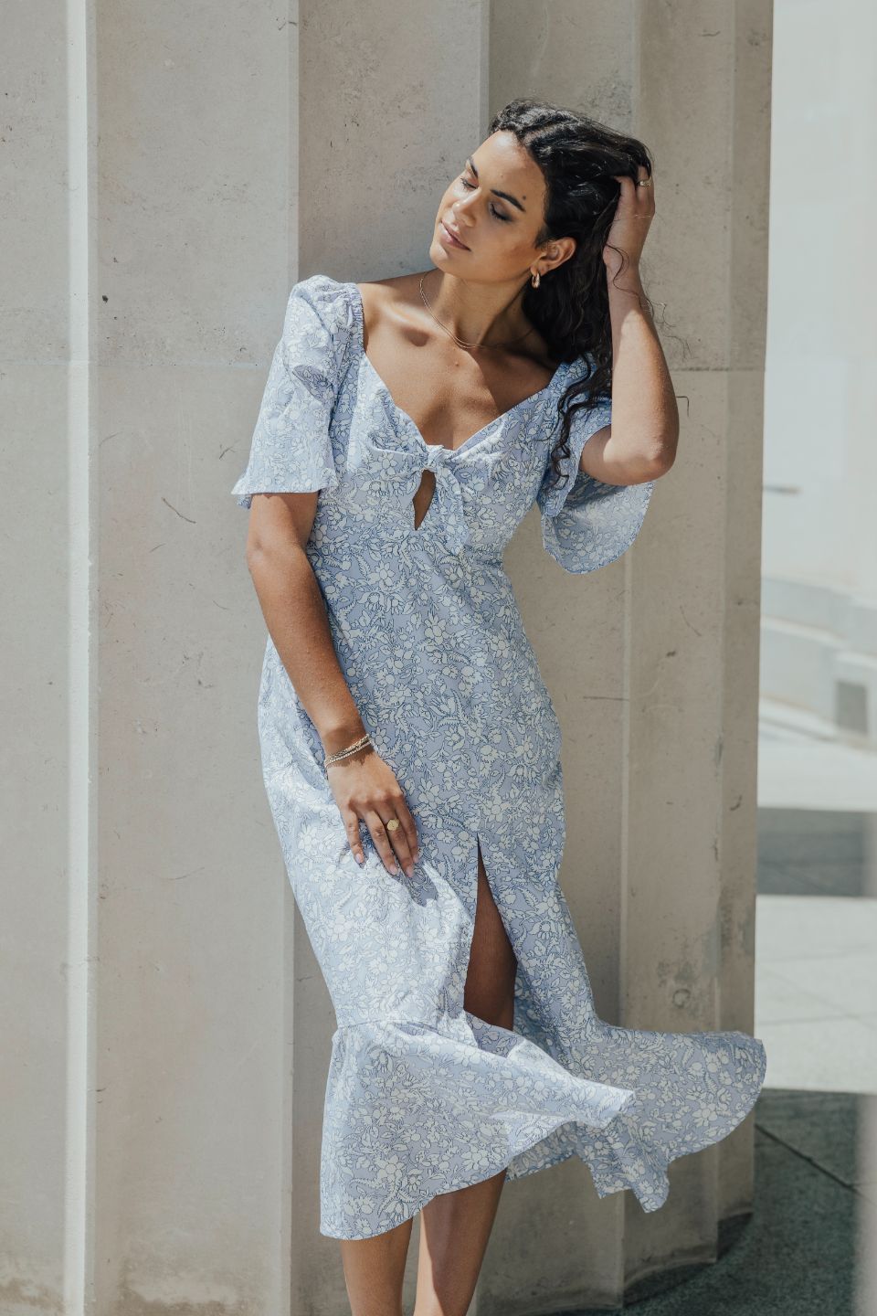 Innocent Cornflower Blue Baroque Floral Tie Front Short Sleeve Maxi Dress - Perfect for Summer Weddings, Beach Vacations & Boho Fashion
