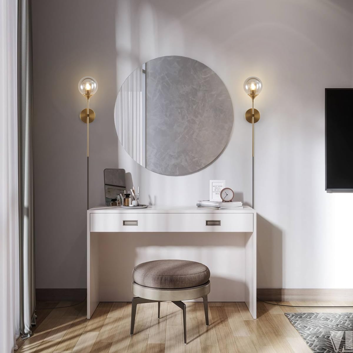 Mid Century Smoke Glass Bathroom Wall Light Plug-in Set of 2 - Brushed Brass Gold Long Globe Wall Sconce Lighting - Industrial Wall Lamp for Bedroom, Hallway, or Living Room (Smoke Gray, Plug-in Cord)
