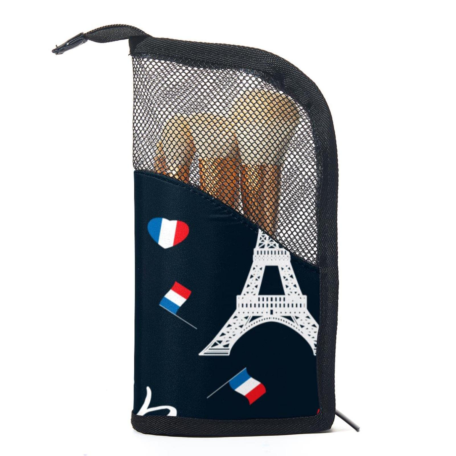 12-Piece Makeup Brush Organizer Bag with France Flag & Eiffel Tower Design - Portable Makeup Brush Holder Case for Travel, Home & Professional Makeup Artists
