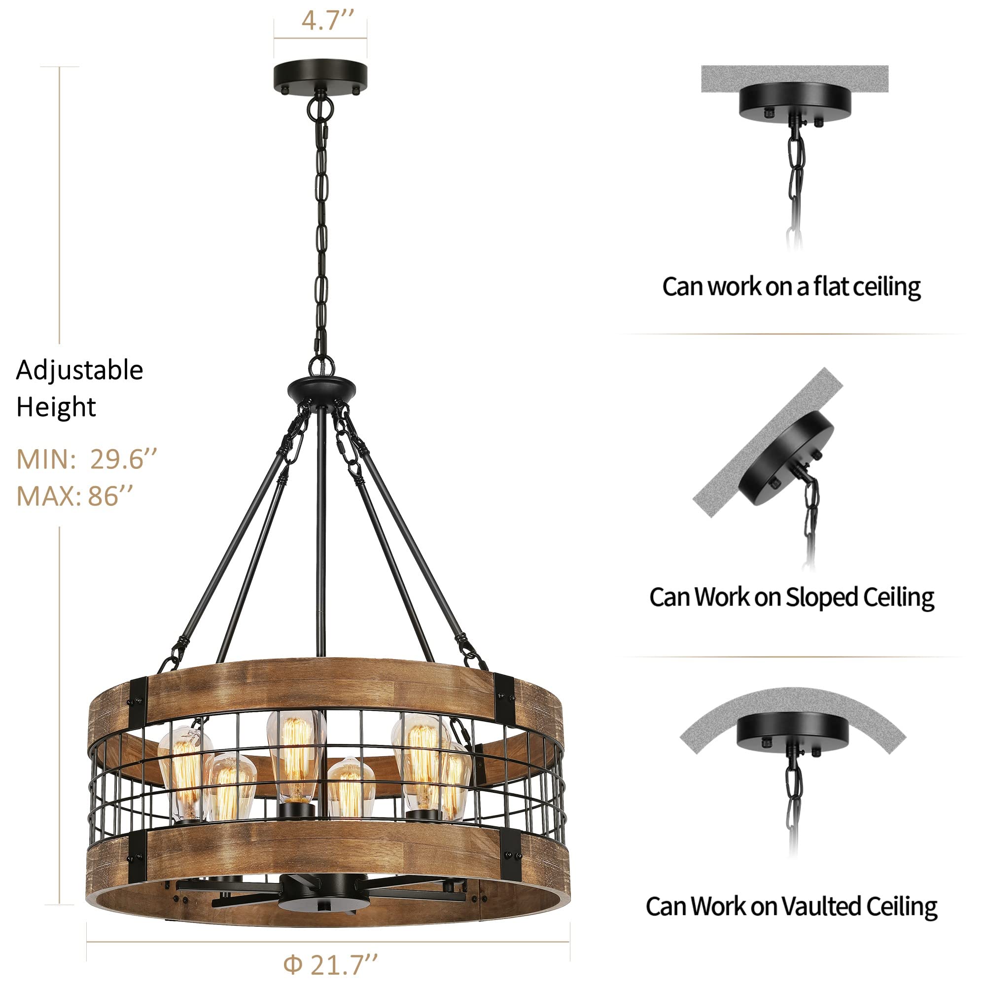 6-Light Farmhouse Wood Chandelier - Rustic Dining Room Pendant Light with Industrial Black Metal Finish | Perfect for Kitchen Island, Entryway, Foyer & Living Room Lighting Decor