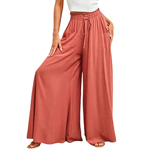 Women's Wide Leg Pants - Flowy Drape Ruffle Drawstring Waist Lounge Pants with Elastic Waistband | Comfortable Casual Pants for Work, Travel & Yoga