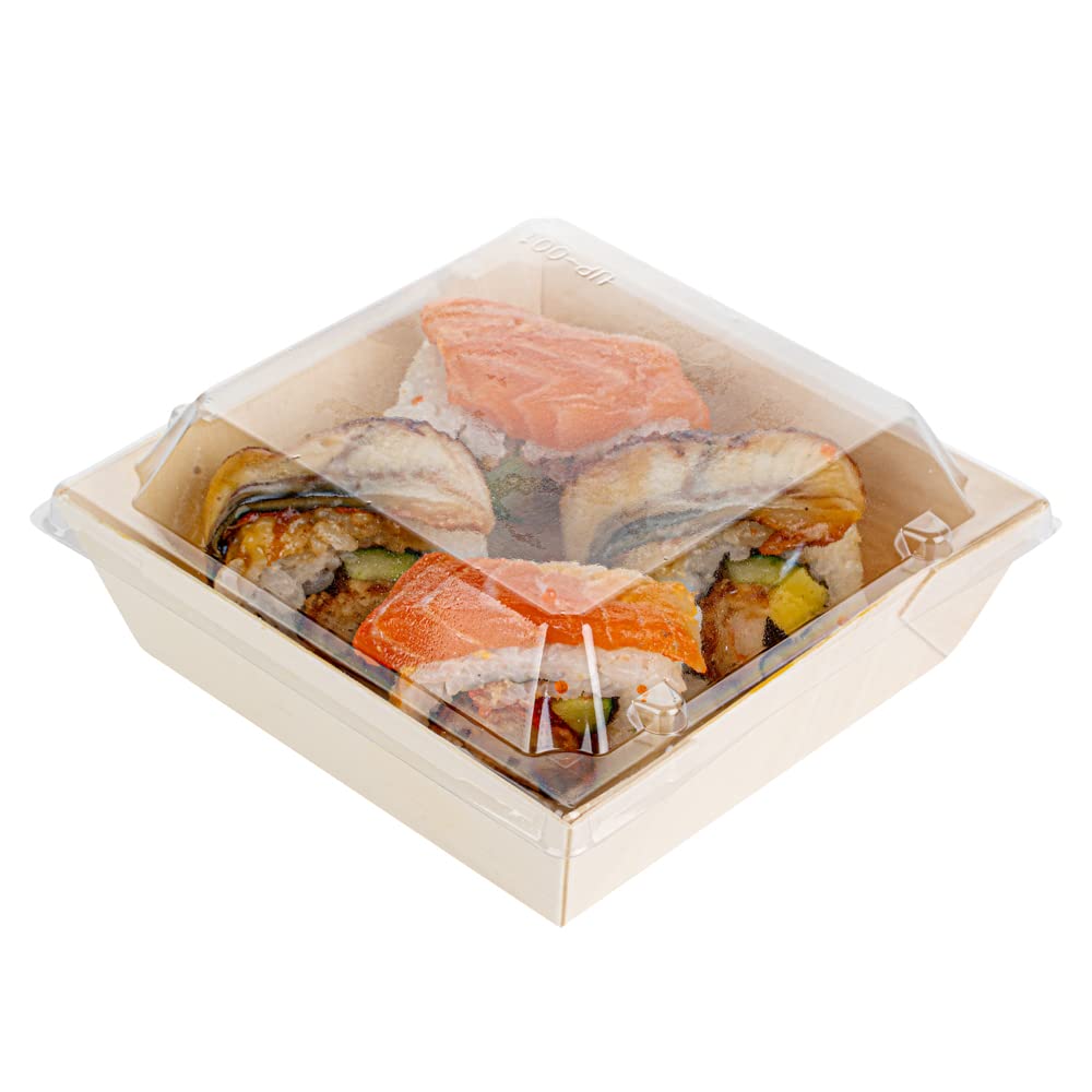 Restaurantware 100 Pack Clear Plastic Lids 5.3 x 5.3 x 1 Inch - Square Transparent To-Go Container Lids for 14 oz Flare Wooden Food Boxes (Containers Sold Separately) | Perfect for Takeout, Meal Prep & Catering