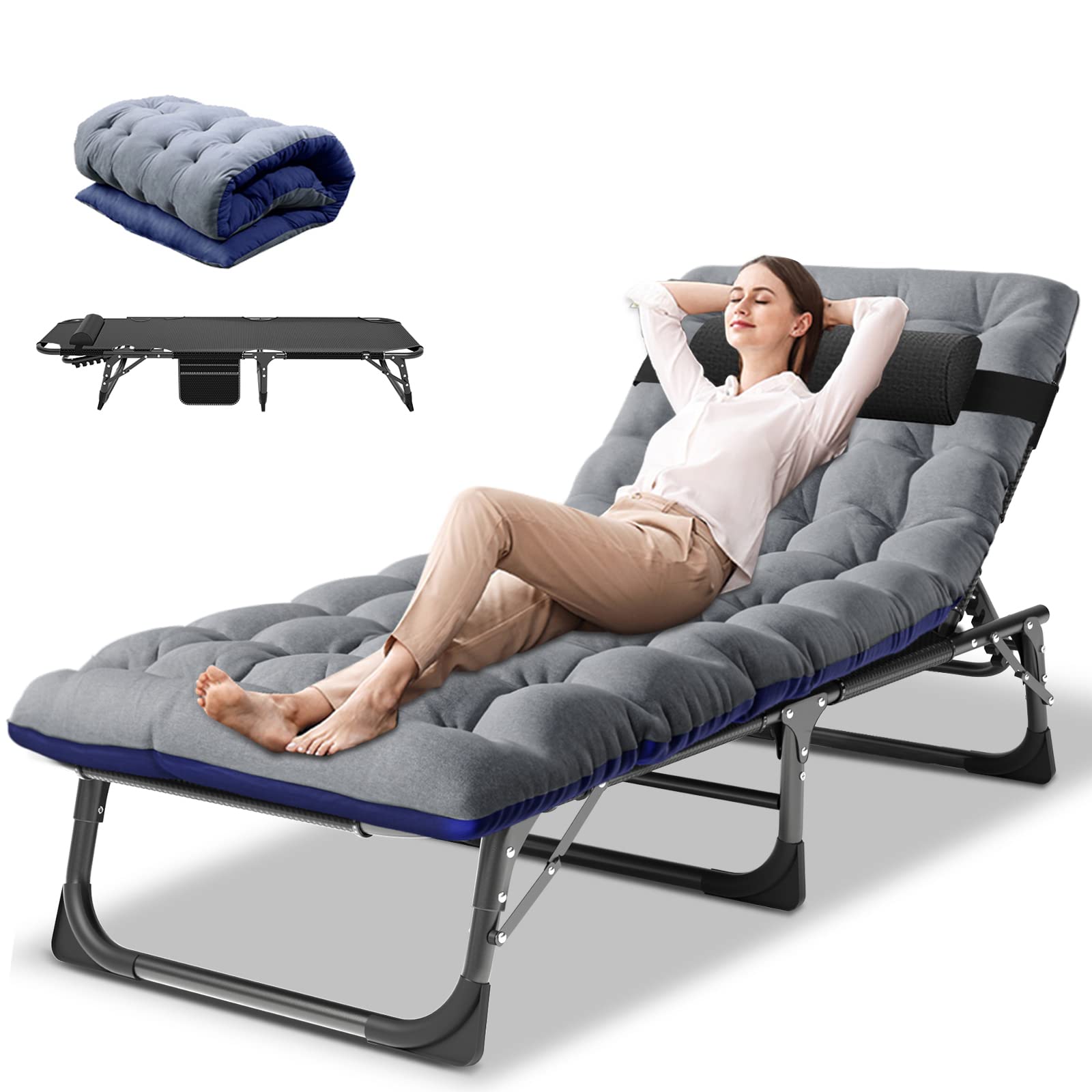 DoCred 5-Position Adjustable Folding Lounge Chair with Mattress - Portable Sleeping Bed Cot for Camping, Beach, Pool, Patio & Sunbathing | Perfect Outdoor Relaxation, Travel & Backyard Lounging