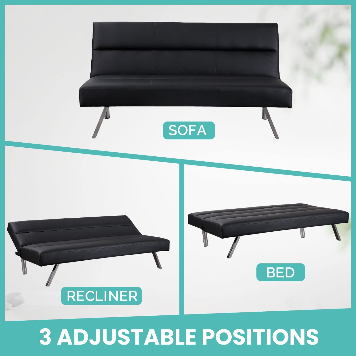 Naomi Home Black Faux Leather Futon Sofa Bed - 3-Position Reclining Convertible Couch with 500 lbs Weight Capacity (66