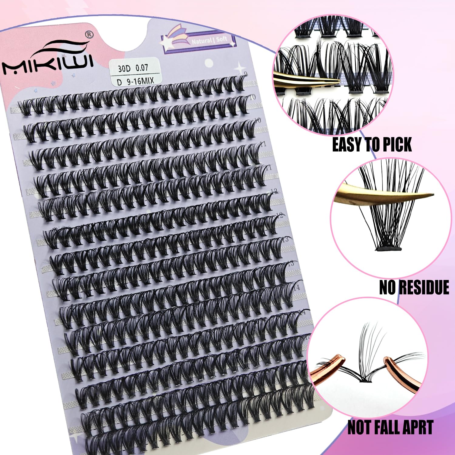 Mikiwi 280pcs Cluster Lashes - 30D-0.07D-9-16mm Mixed Length, D Curl, Faux Mink Individual Eyelash Extensions for DIY Lash Application | Perfect for Salon, Bridal, Party & Everyday Wear