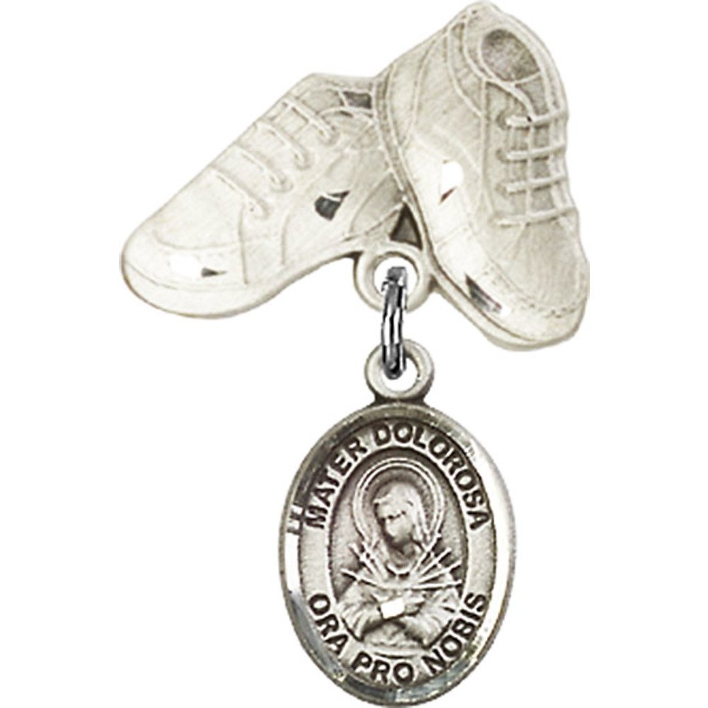 Sterling Silver Baby Badge with Mater Dolorosa Charm & Baby Boots Pin - 1 X 5/8 Inch Religious Jewelry for Christening, Baptism & First Communion Gifts