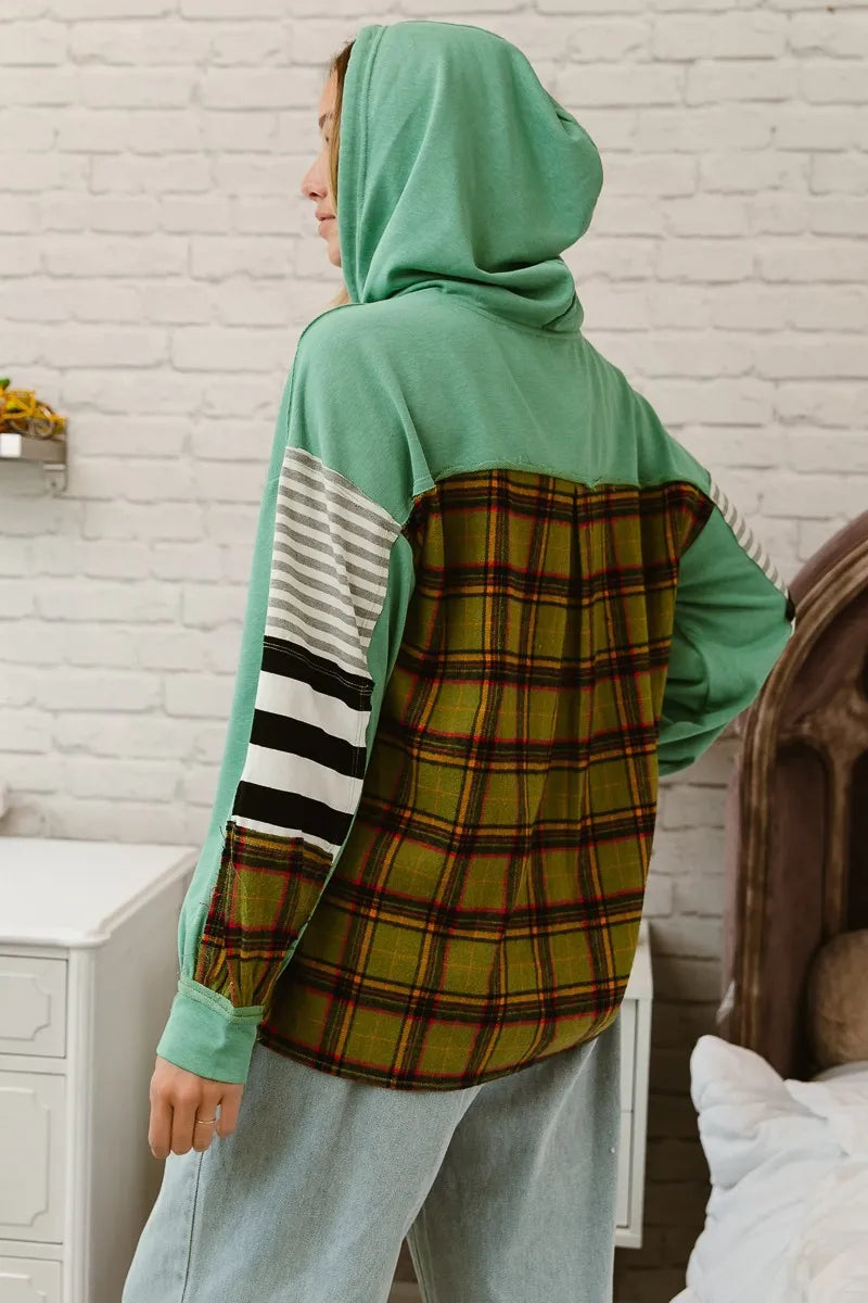 BiBi Plaid & Stripes French Terry Hoodie for Women | Cozy Mix & Match Pullover | Perfect for Casual Outfits, Loungewear & Fall Layering
