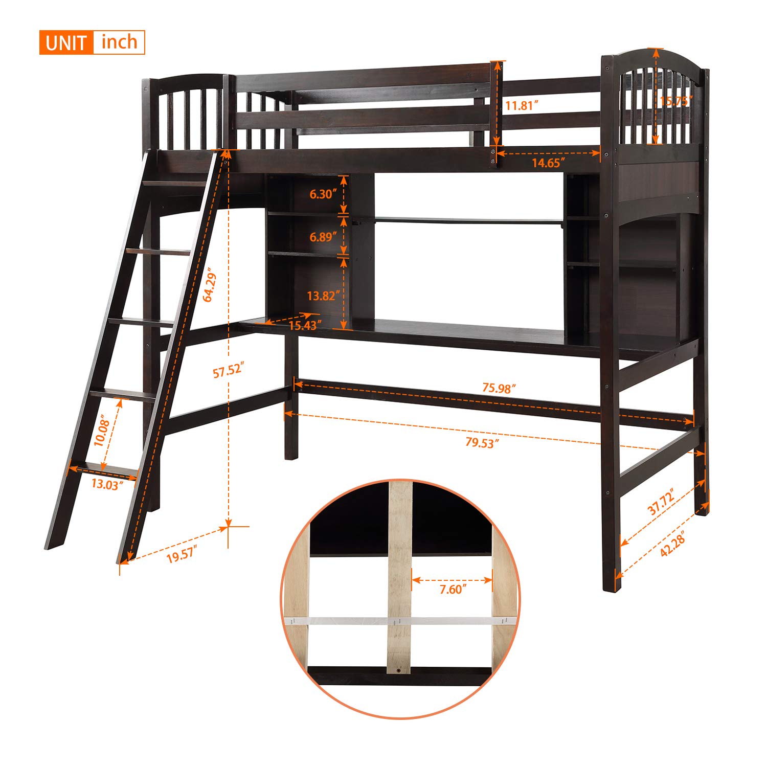 SOFTSEA Twin Size Loft Bed with Desk & Storage - Solid Wood Loft Bed Frame with Bookcase & Ladder - High Loft Bed with Guardrails for Kids, Teens & Adults - Espresso Finish - Perfect for Small Spaces, Dorm Rooms & Home Offices
