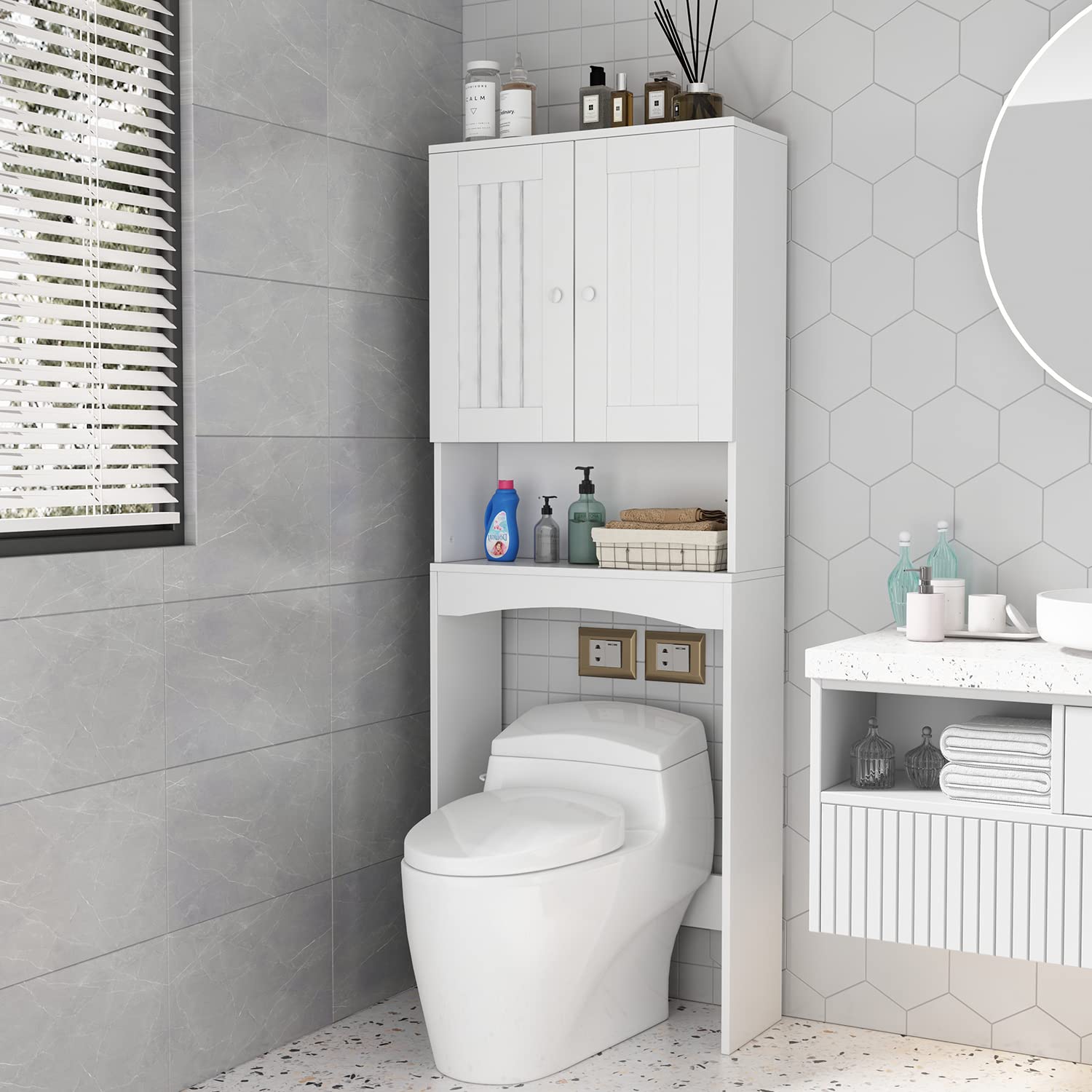 LifeSky Over The Toilet Storage Cabinet with Doors - White Bathroom Space Saver Organizer for Towels, Toiletries & Cleaning Supplies - Perfect for Small Bathrooms & Apartments