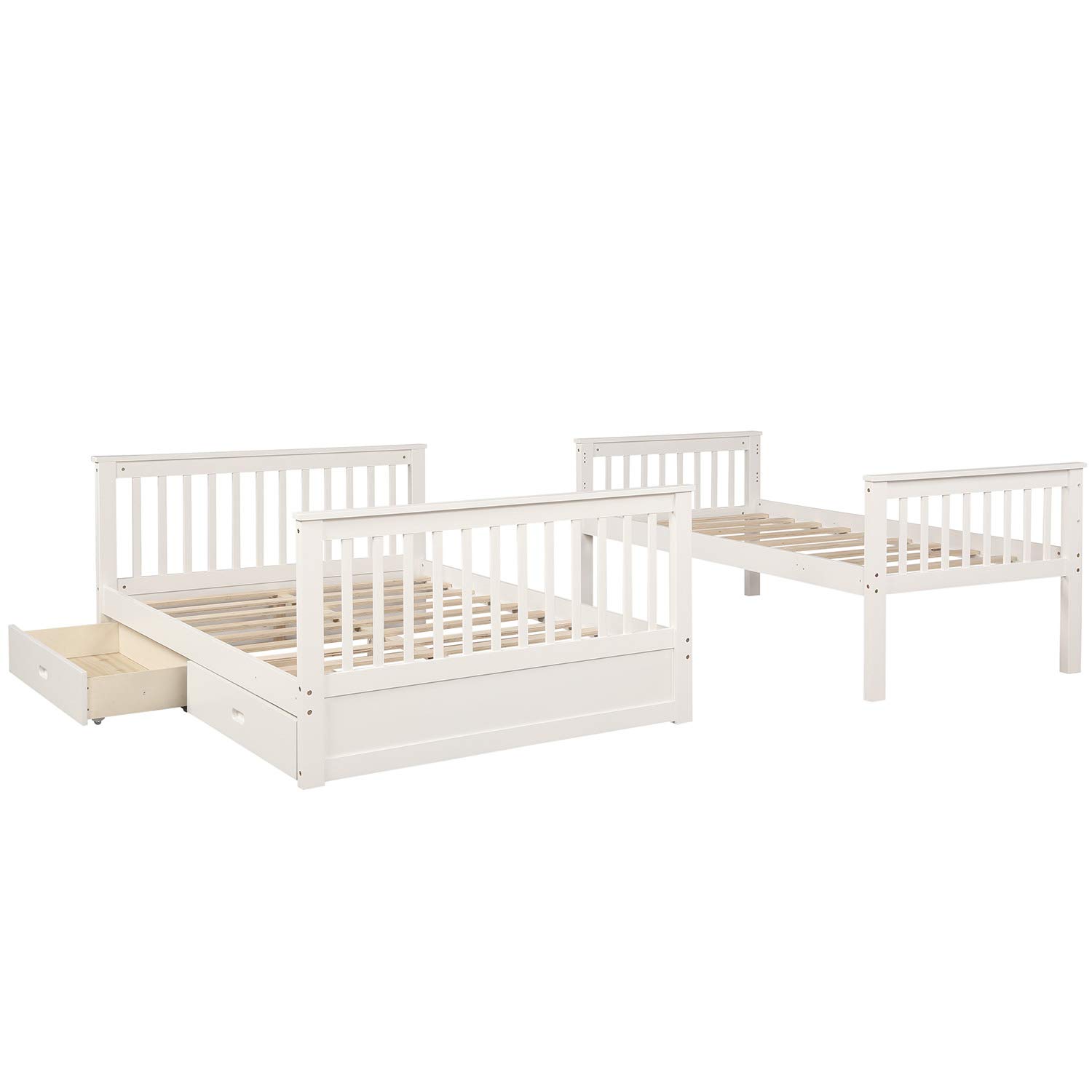MERITLINE Twin Over Full Wood Bunk Bed Frame with Storage Drawers - White | Space-Saving Kids Bedroom Furniture for Siblings or Sleepovers