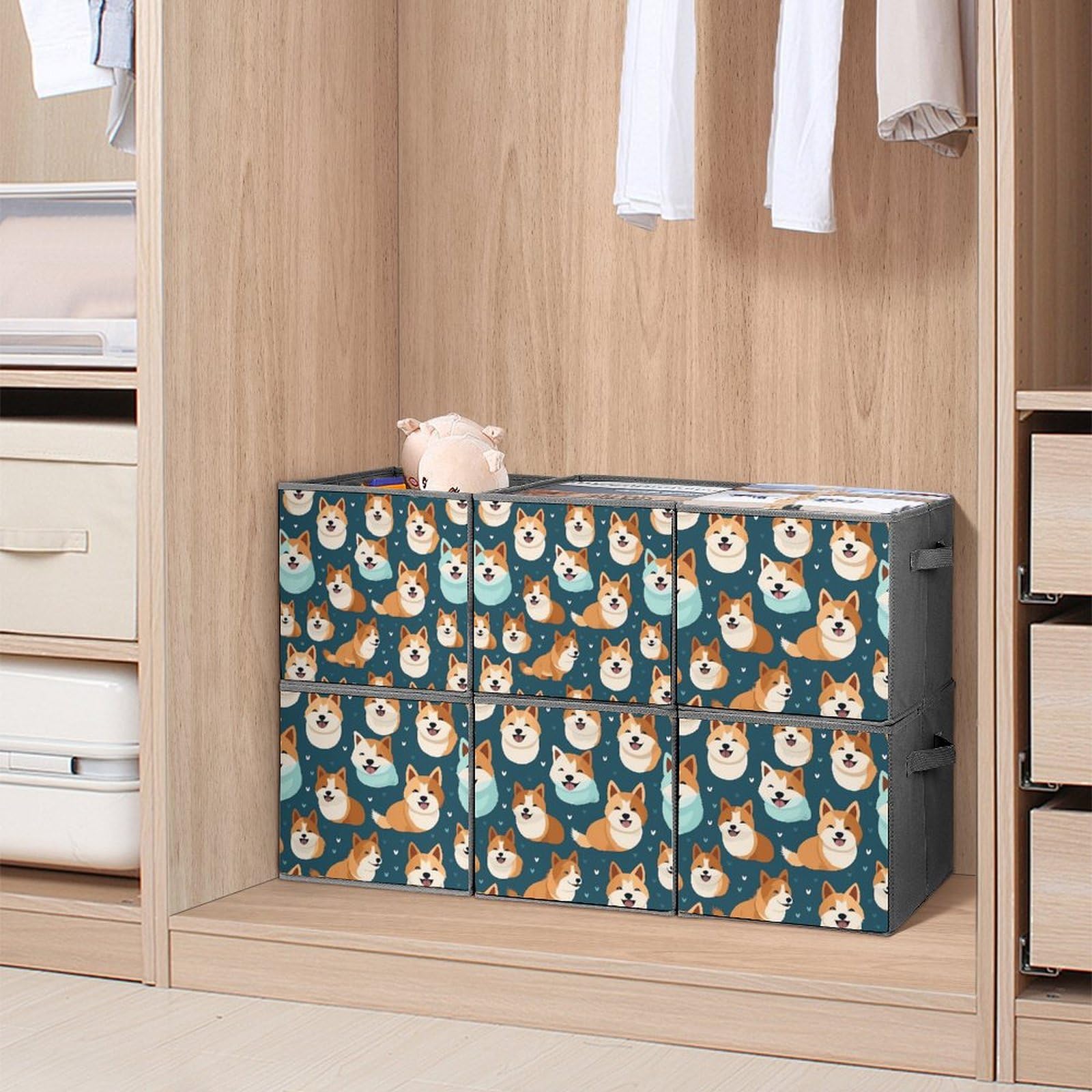 Foldable Storage Cubes Organizers - 6PCS Shiba Inu Themed Square Storage Bins with Handles for Home, Office & Kids Room Organization | Cute Japanese Dog Design