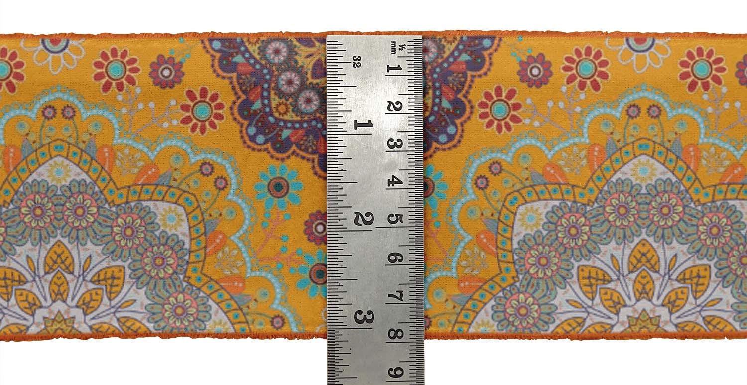 Indian Beautiful Art Orange Floral & Mandala Kaleidoscope Printed Velvet Ribbon Trim - 9 Yards, 4 Inches Wide for DIY Crafts, Sewing, Costume Accessories | Perfect for Scrapbooking, Gift Wrapping, Home Decor & Fashion Design