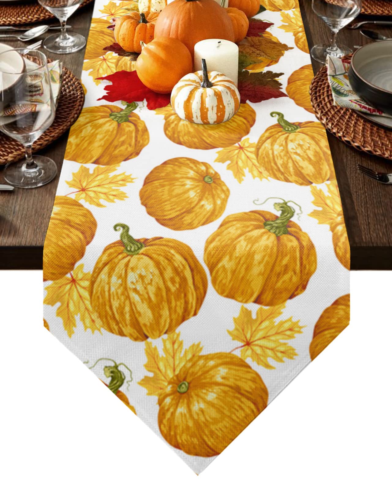 Autumn Thanksgiving Table Runner - 13x120 Inch Non-Slip Washable Pumpkin Maple Leaf Design for Farmhouse, Kitchen, Dining & Coffee Table Decor | Perfect for Holiday Dinners, Parties & Seasonal Home Decor