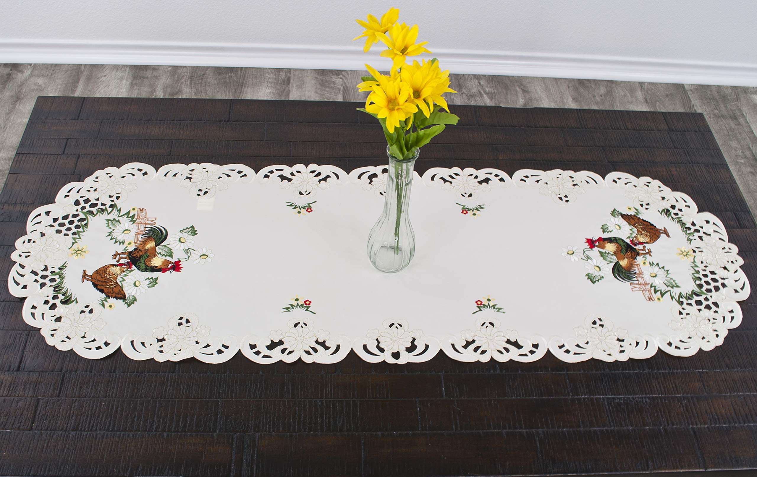 Embroidered Rooster Farmhouse Table Runner - Country Chic Lace Decor for Dining Table, Coffee Table or Dresser (15x54 Inches) - Perfect for Rustic Home Decor, Kitchen Decor and Farmhouse Style Weddings