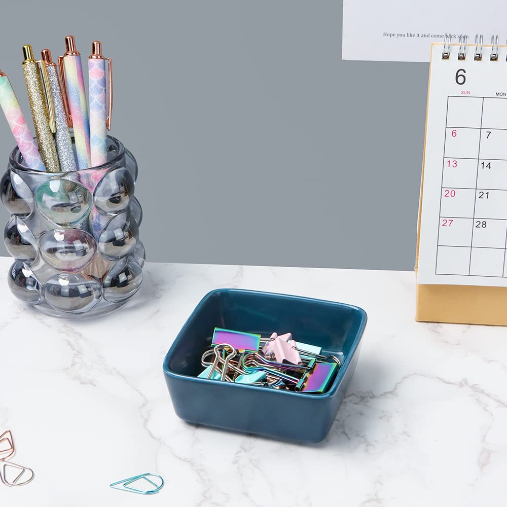 Vibrant Candy Color Ceramic Paper Clip Holder - 3.5 Inch Square Desk Organizer for Paperclips & Binder Clips (Navy Blue) - Perfect for Office, School & Home Workspace Organization