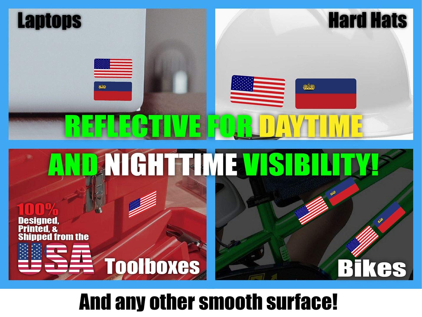 3M Reflective Liechtenstein and US Flag Stickers (10-Pack) - High Visibility Safety Decals for Helmets, Bikes, Toolboxes & Laptops - Perfect for Night Safety, Work Zones, and Outdoor Adventures