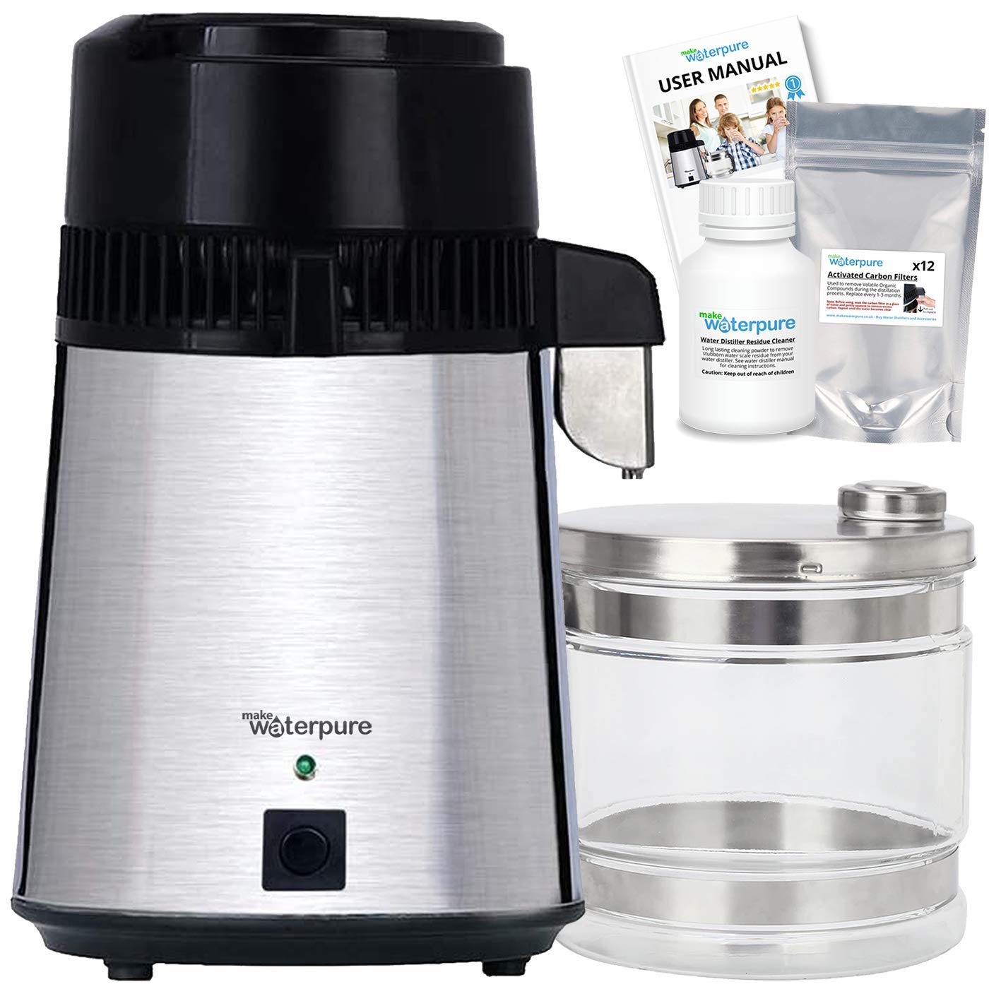 Stainless Steel Water Distiller with 12 Carbon Filters (3 Years Supply) & 4L Glass Jug - Pure Water for Home, Office, and Emergency Preparedness